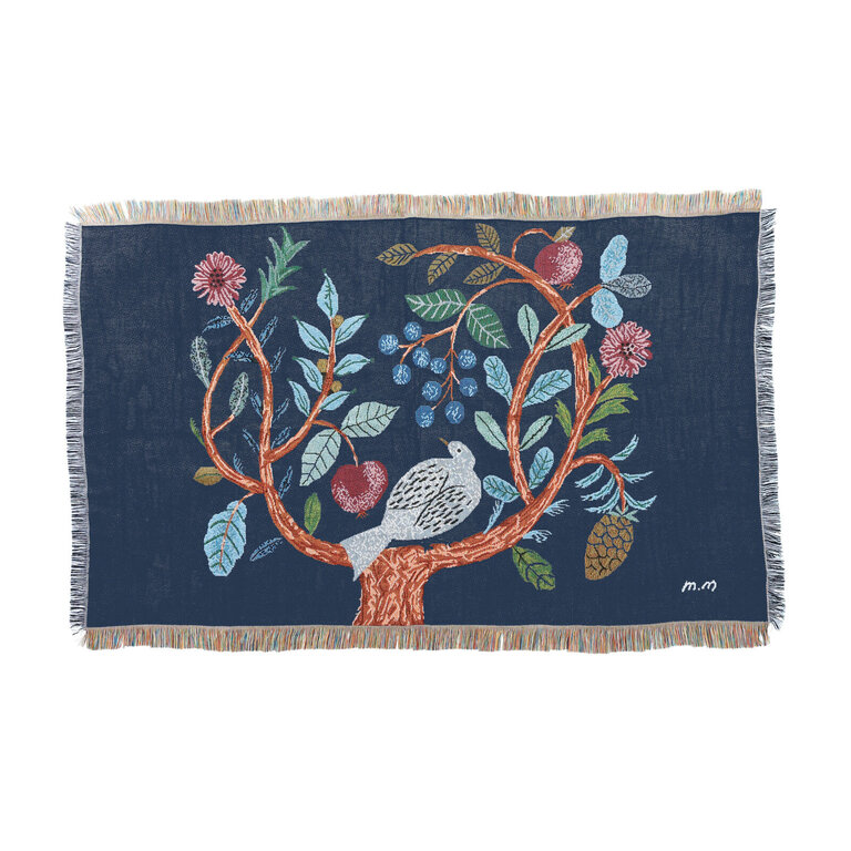 Hachi Japan Miyuki Matsuo Woven Jacquard Tapestry Bird & Tree Navy 153x90cm