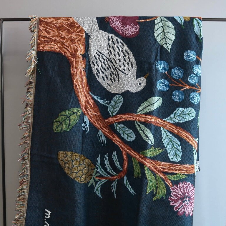 Hachi Japan Miyuki Matsuo Woven Jacquard Tapestry Bird & Tree Navy 153x90cm