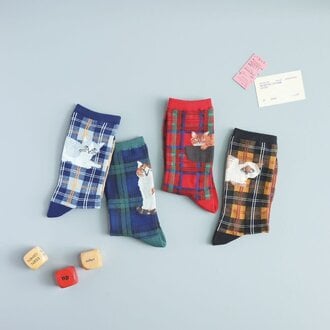 Hachi Japan Miyuki Matsuo Cotton Socks Plaid Cats