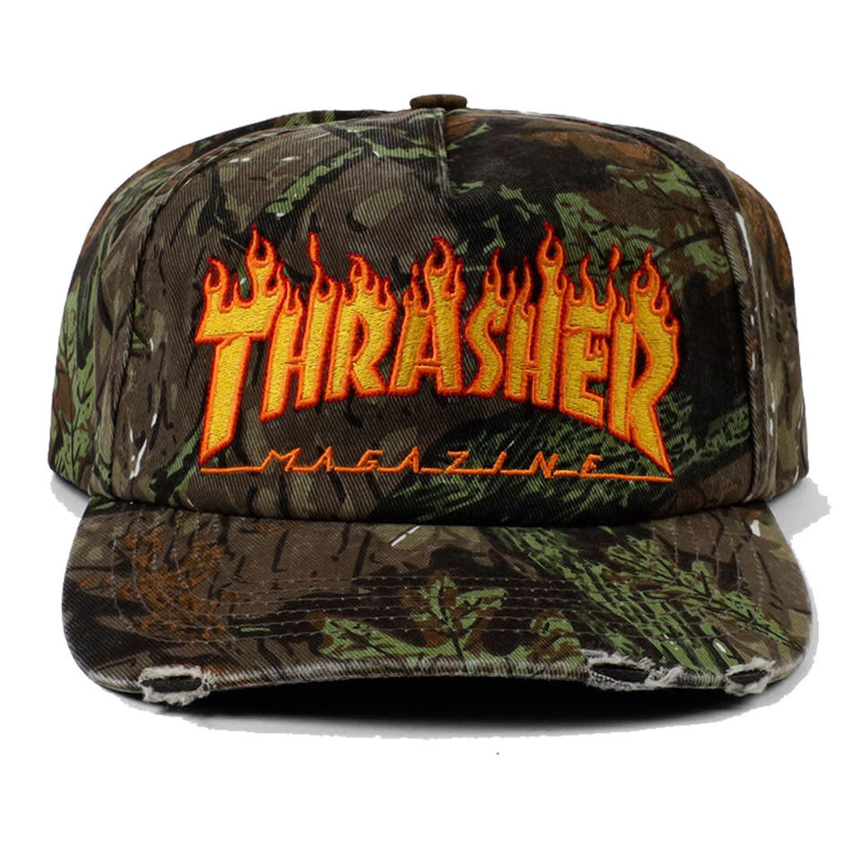 Thrasher Flame Logo Distressed Snapback Hat Camo