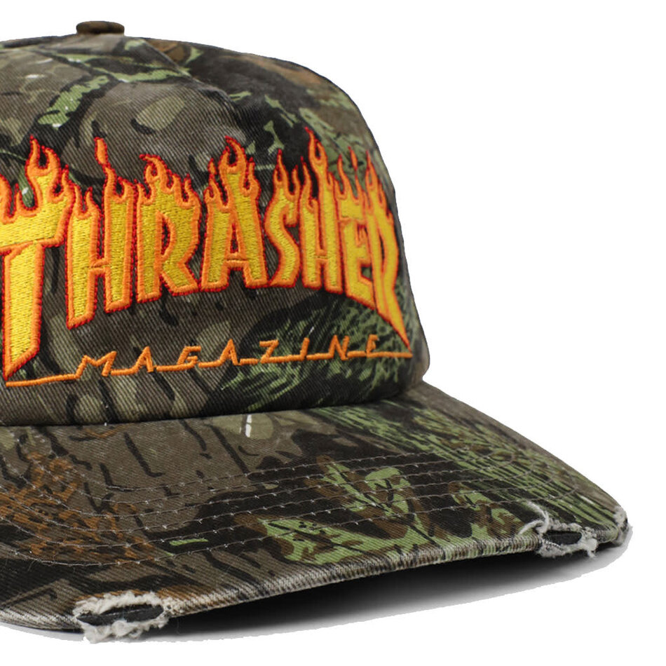 Thrasher Flame Logo Distressed Snapback Hat Camo