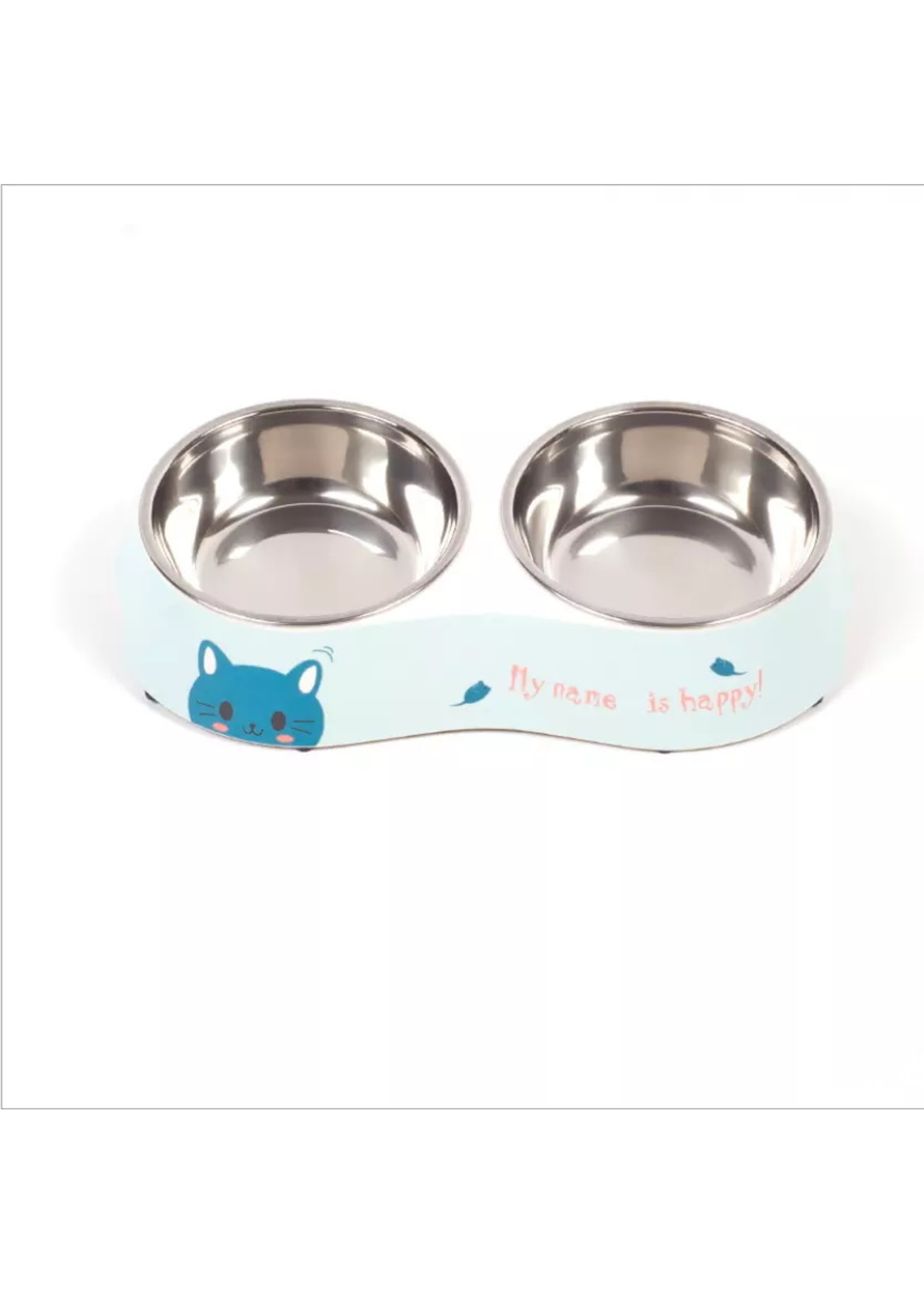 Stainless Steel Design Dual Bowl Blue Pet Face MEDIUM