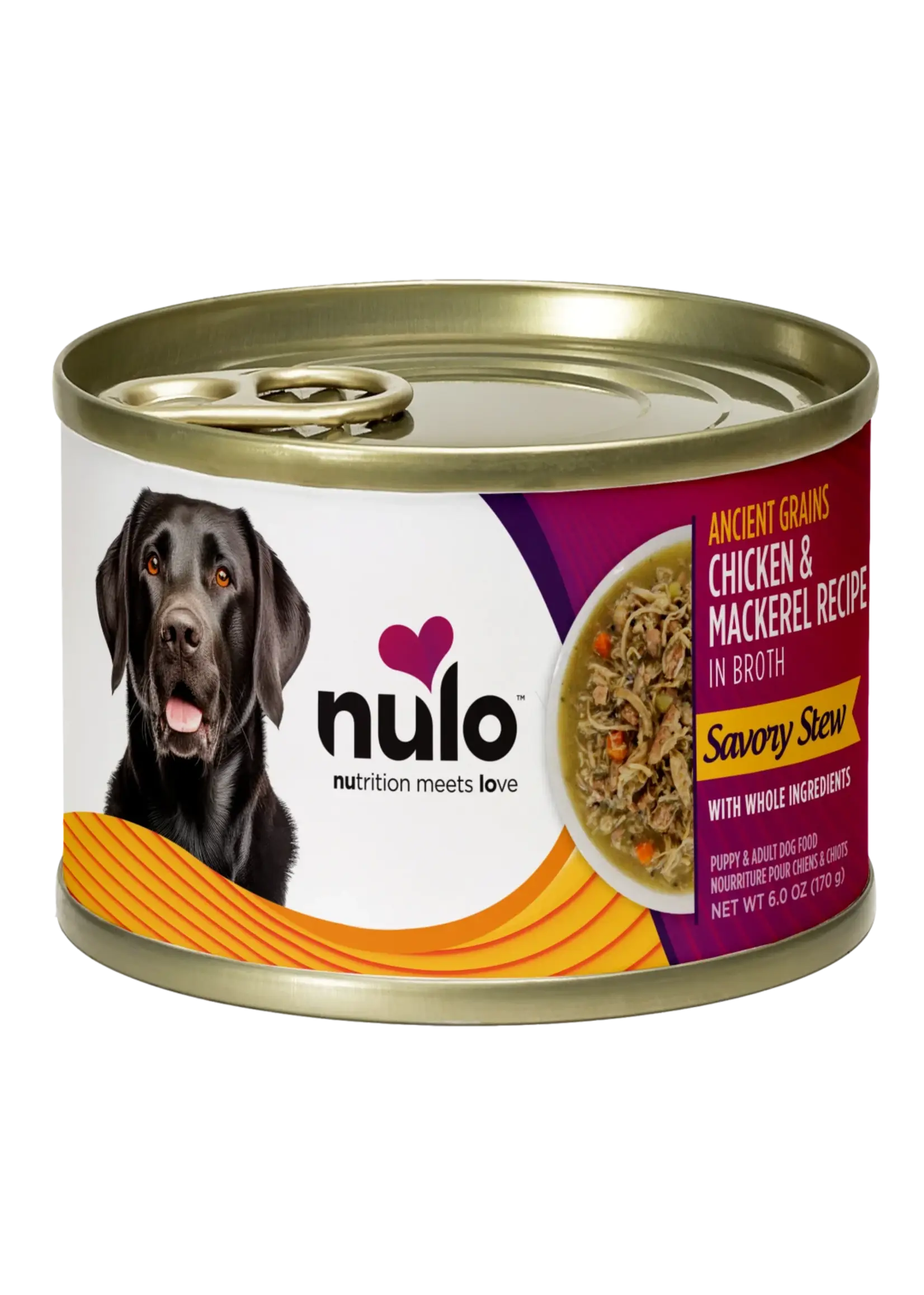 Nulo Nulo Ancient Grains Chicken & Mackerel Recipe in Broth for Dogs 6oz Can