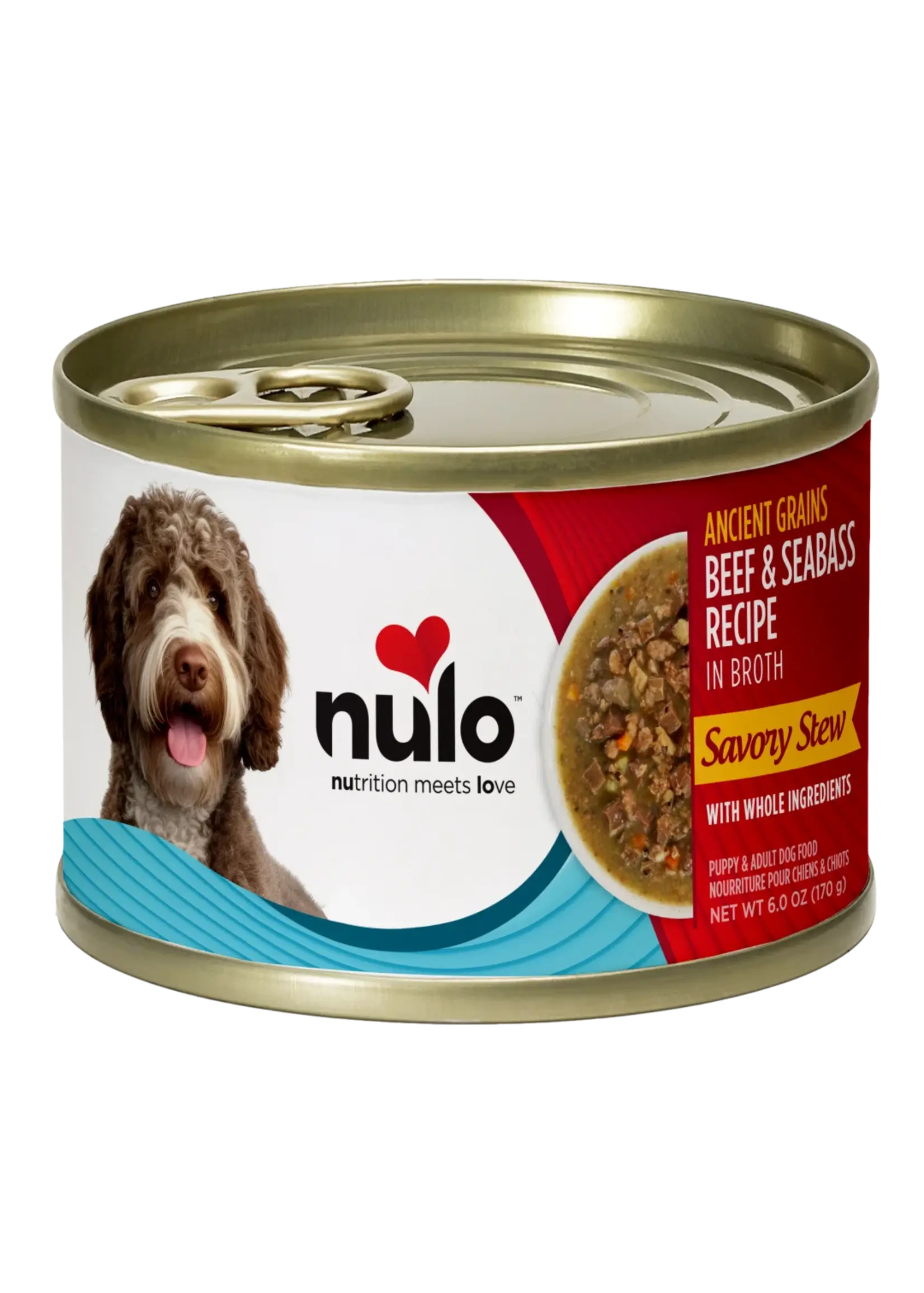 Nulo Nulo Ancient Grains Beef & Seabass Recipe in Broth for Dogs 6oz Can