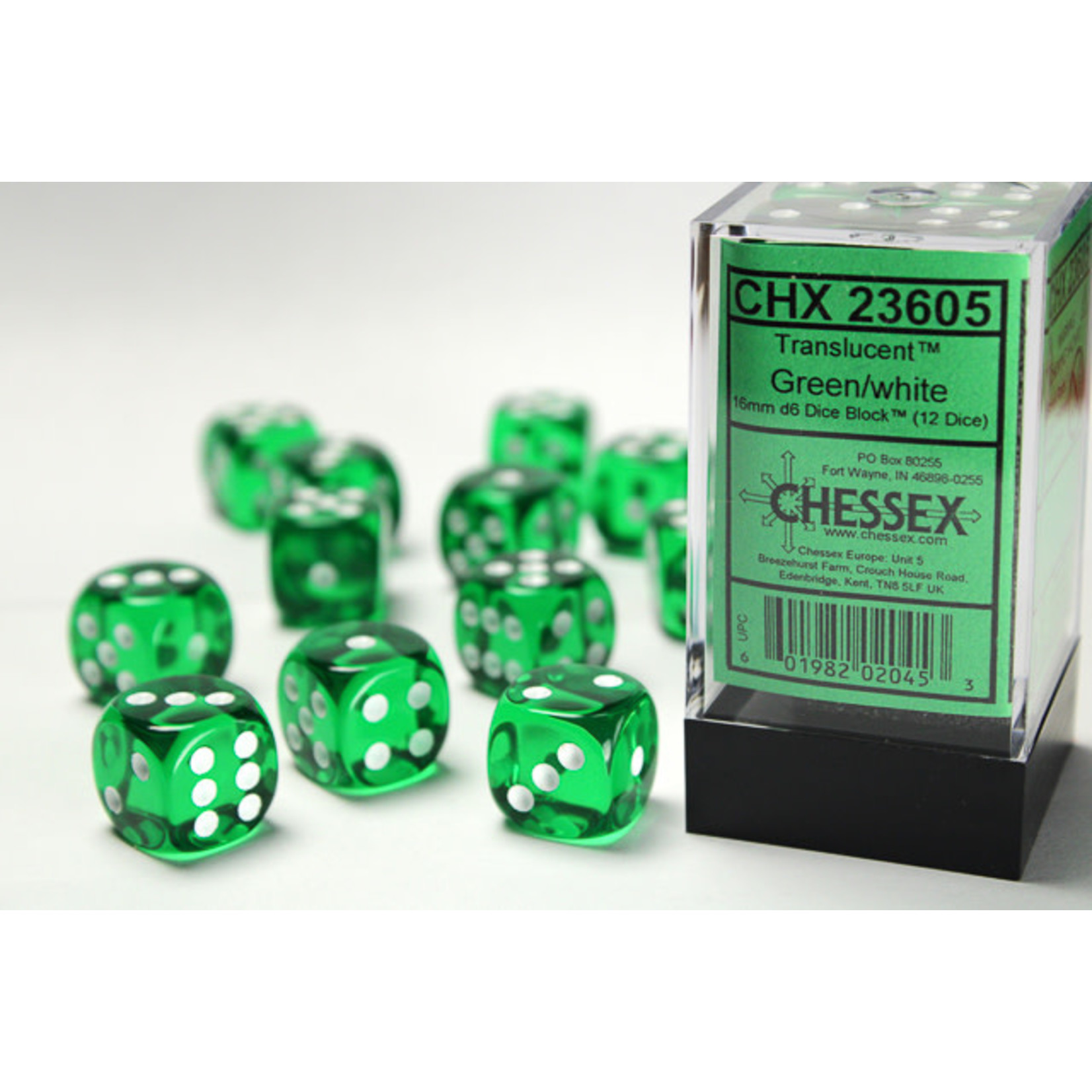 Chessex Dice 16mm 23605 12pc Translucent  Green/White