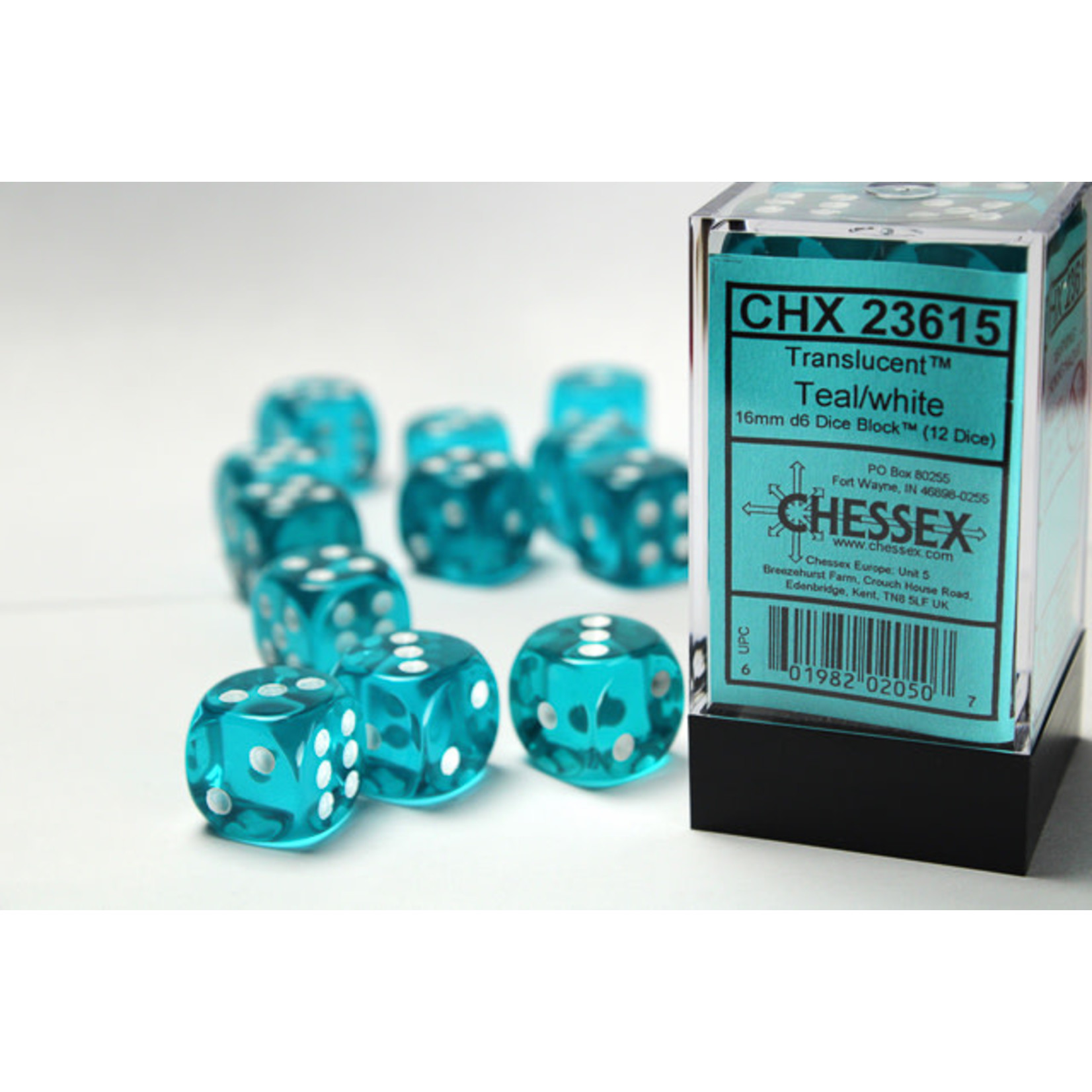 Chessex 23615 Translucent 12pc Teal/White Dice