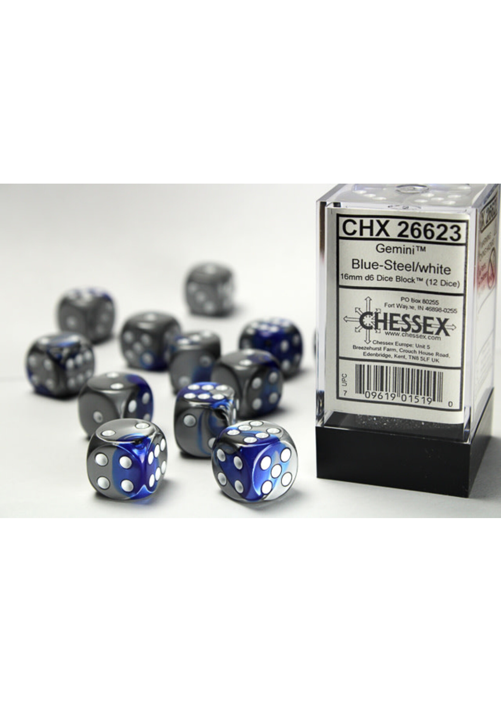 Chessex Dice 16mm 26623 12pc Gemini  Blue-Steel/White