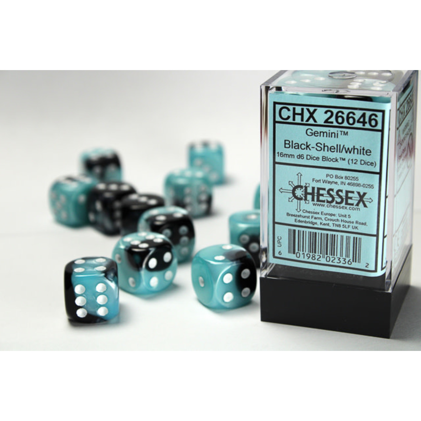 Chessex Dice 16mm 26646 12pc Gemini  Black-Shell/White