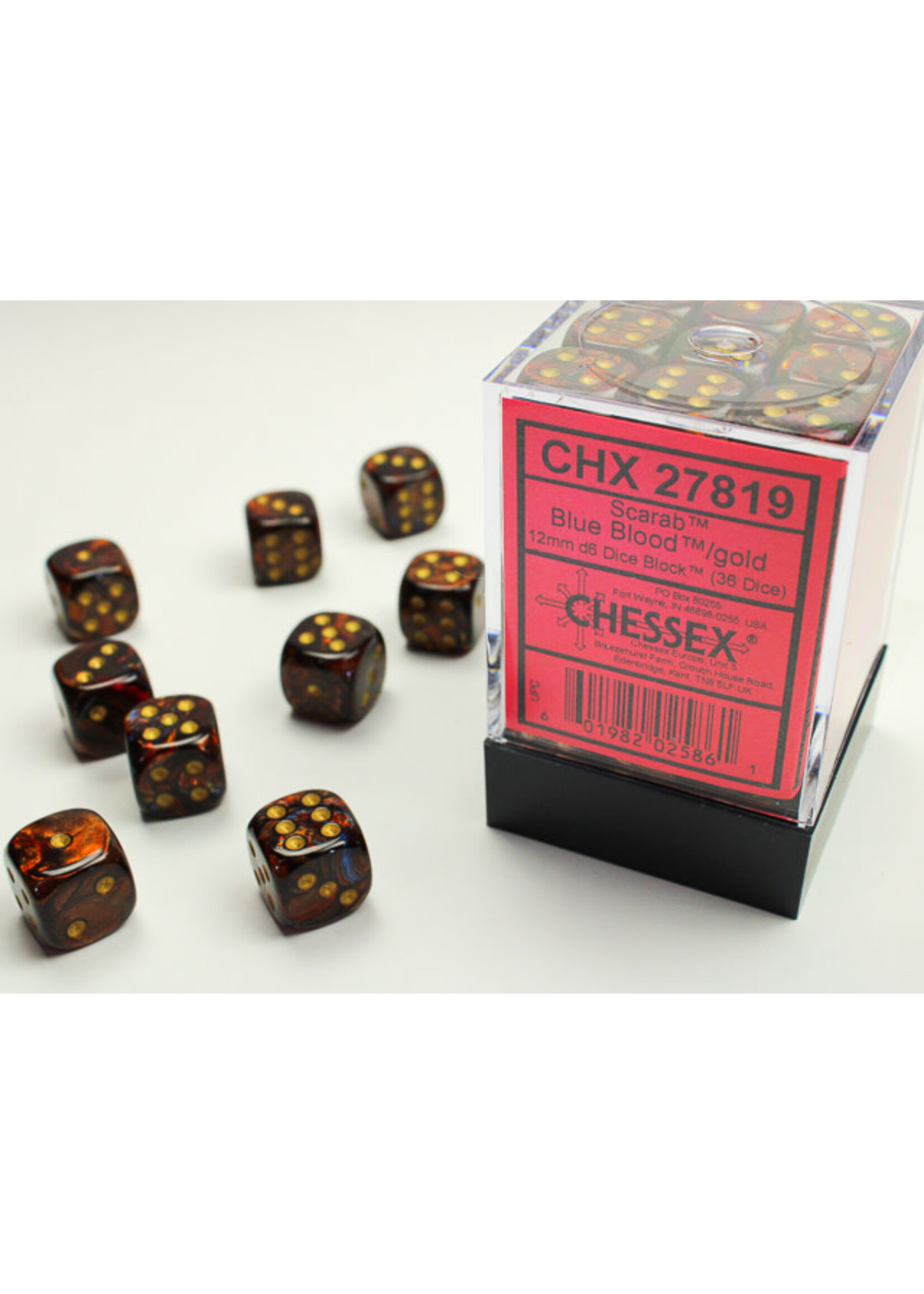 Chessex Dice 12mm 27819 36pc Scarab Blue Blood/Gold