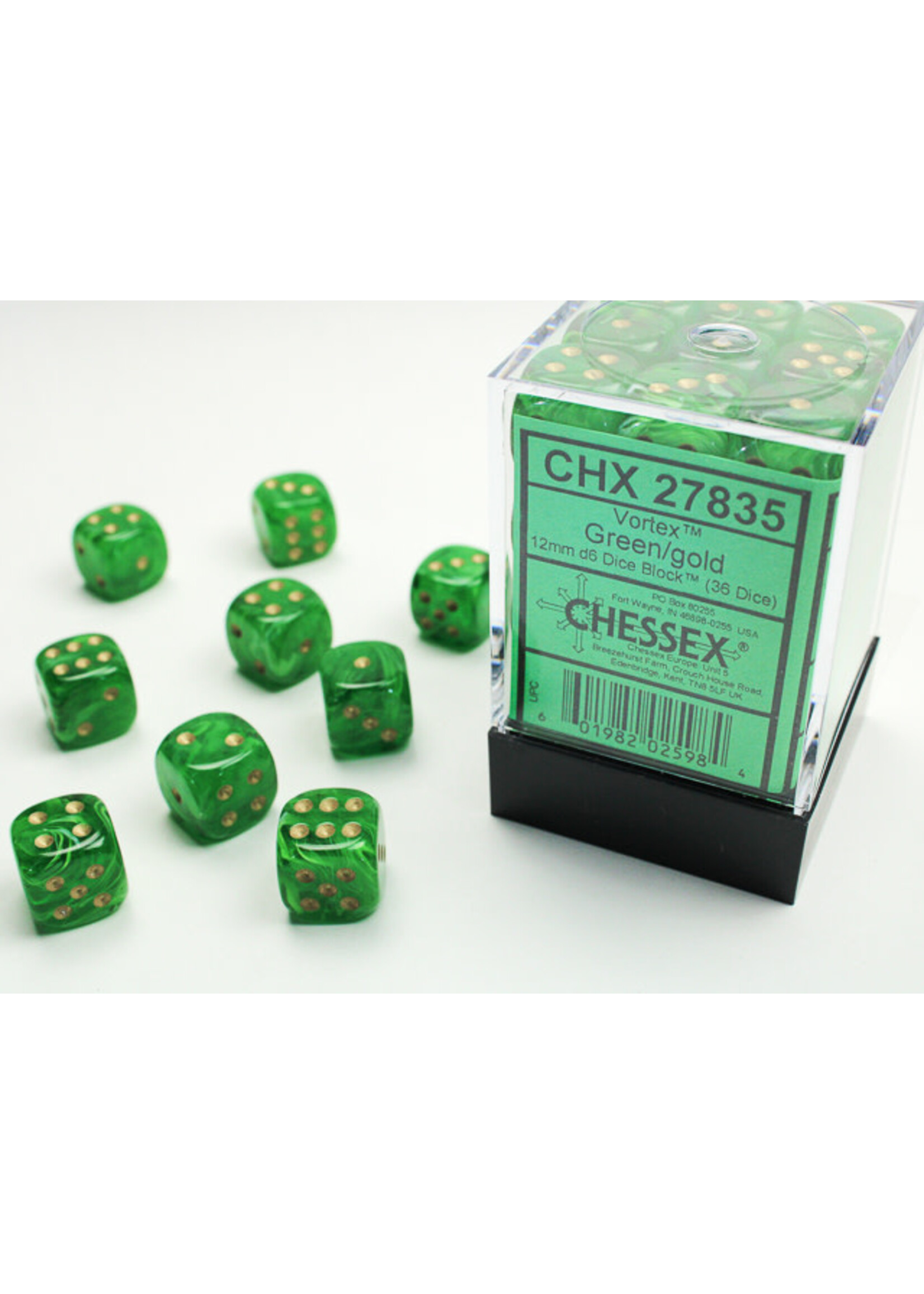 Chessex Dice 12mm 27835 36pc Vortex  Green/Gold