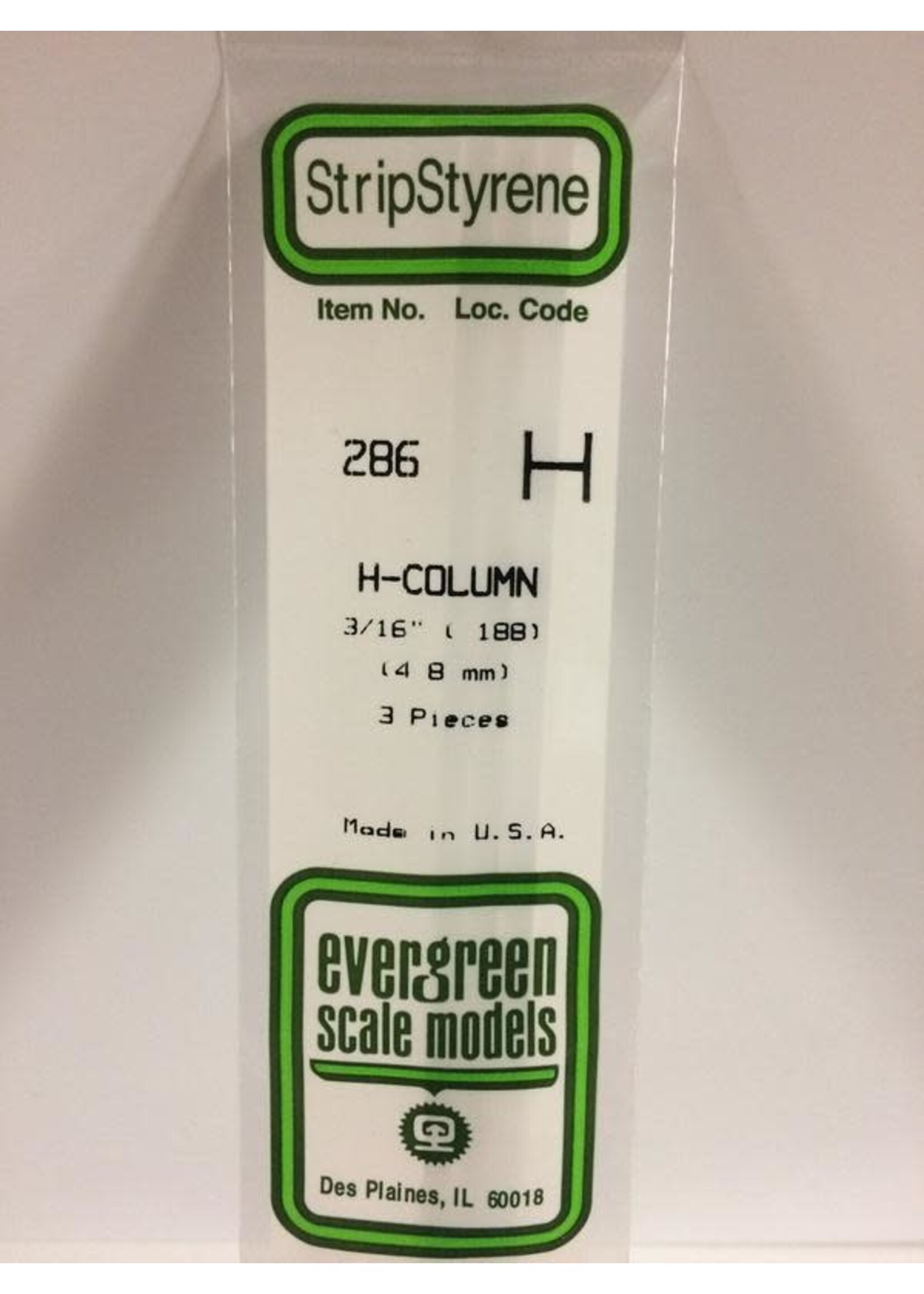 Evergreen Scale Models EVE286 Styrene 3/16'' H-Column (3pc)