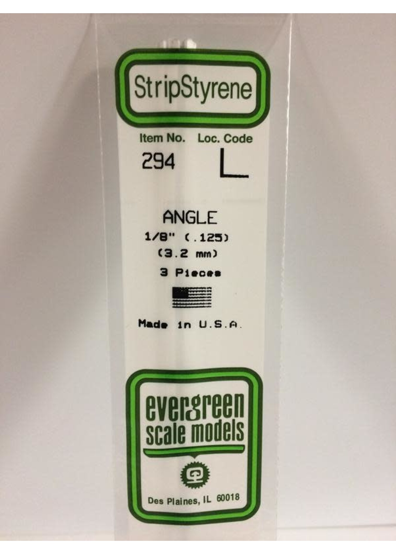 Evergreen Scale Models EVE294 Styrene 1/8'' Angle (3pc)