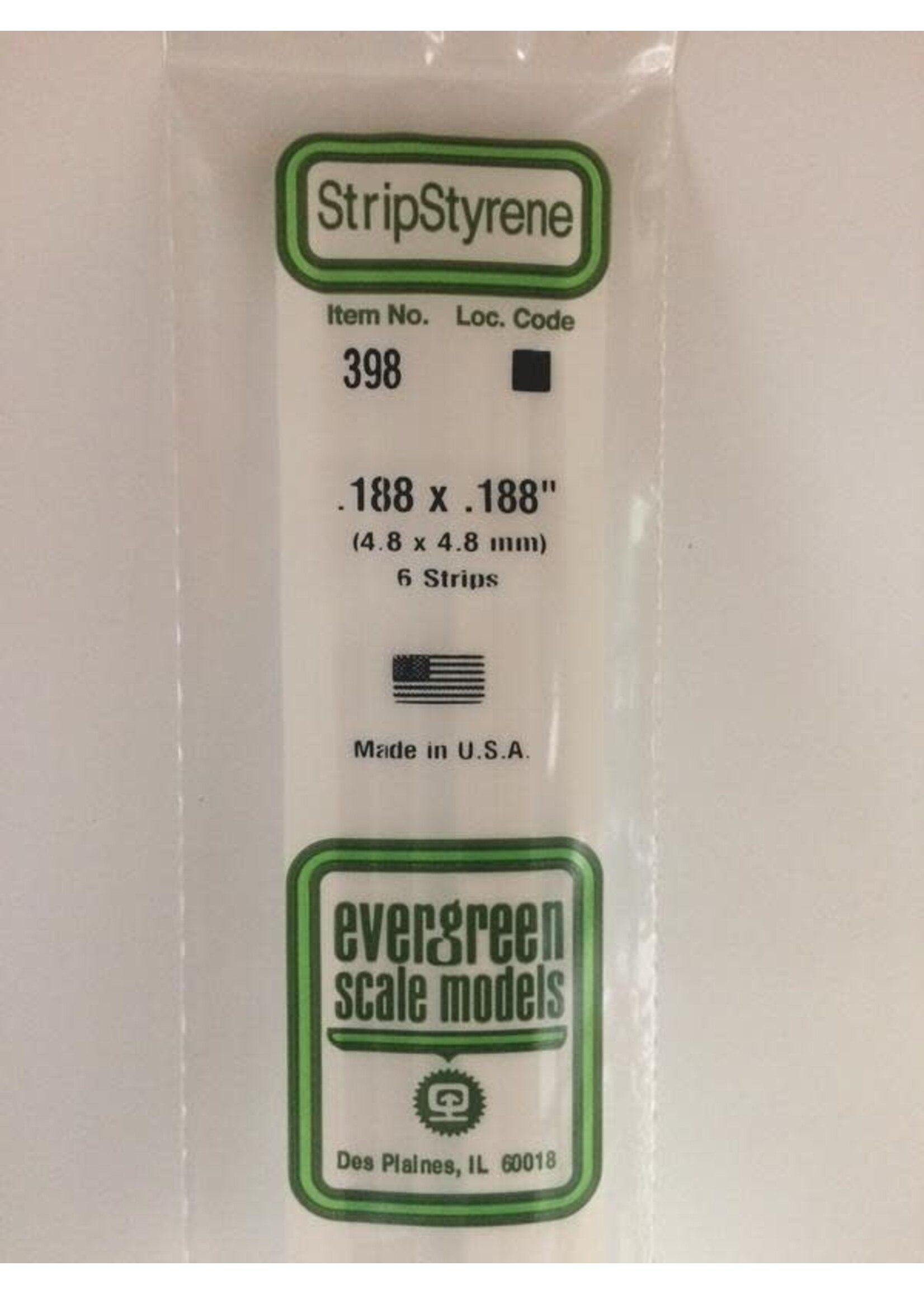 Evergreen Scale Models EVE398 Styrene .188x.188 Strip (6pc)