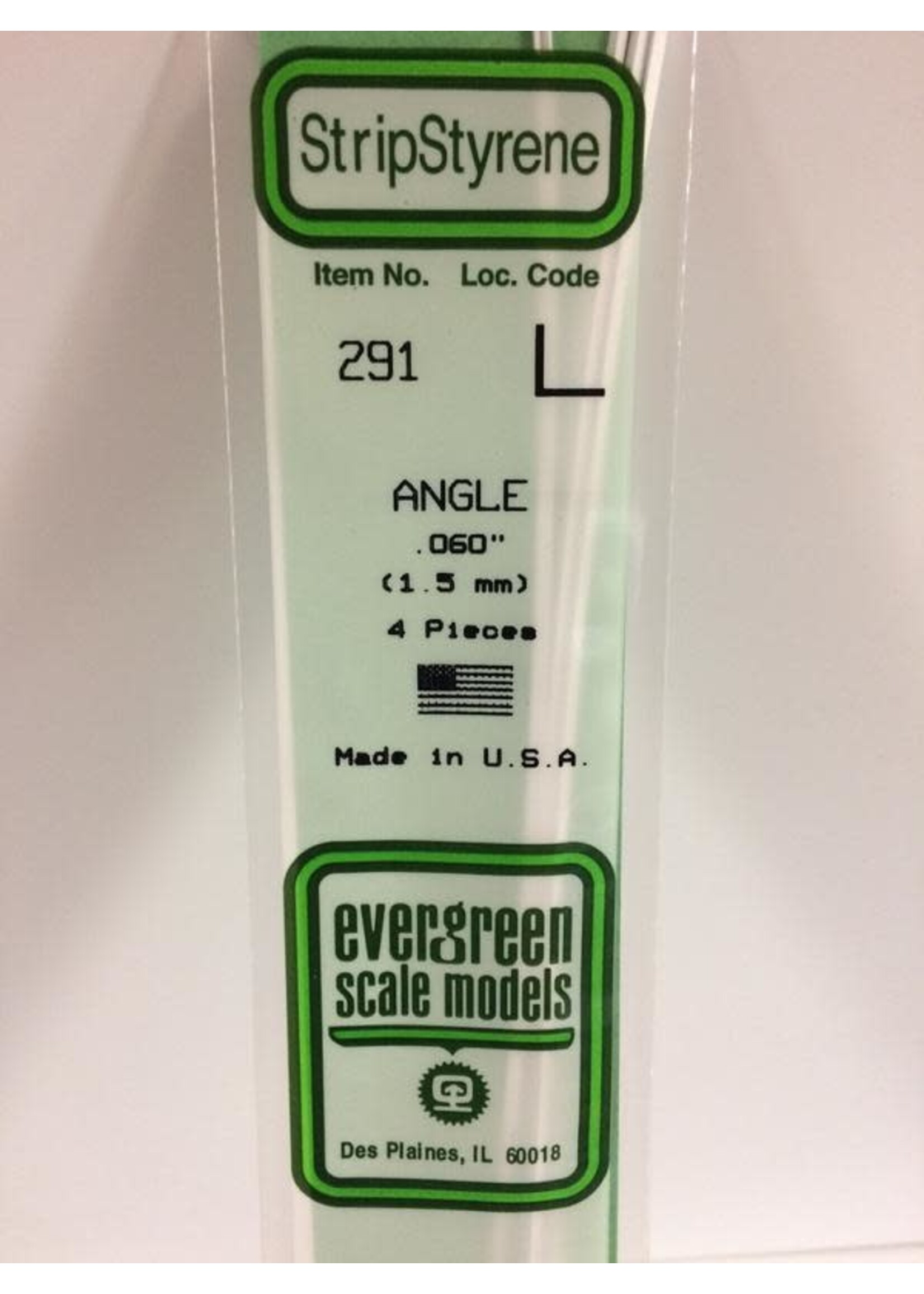 Evergreen Scale Models EVE291 Styrene .060 inch Angle (4pc)
