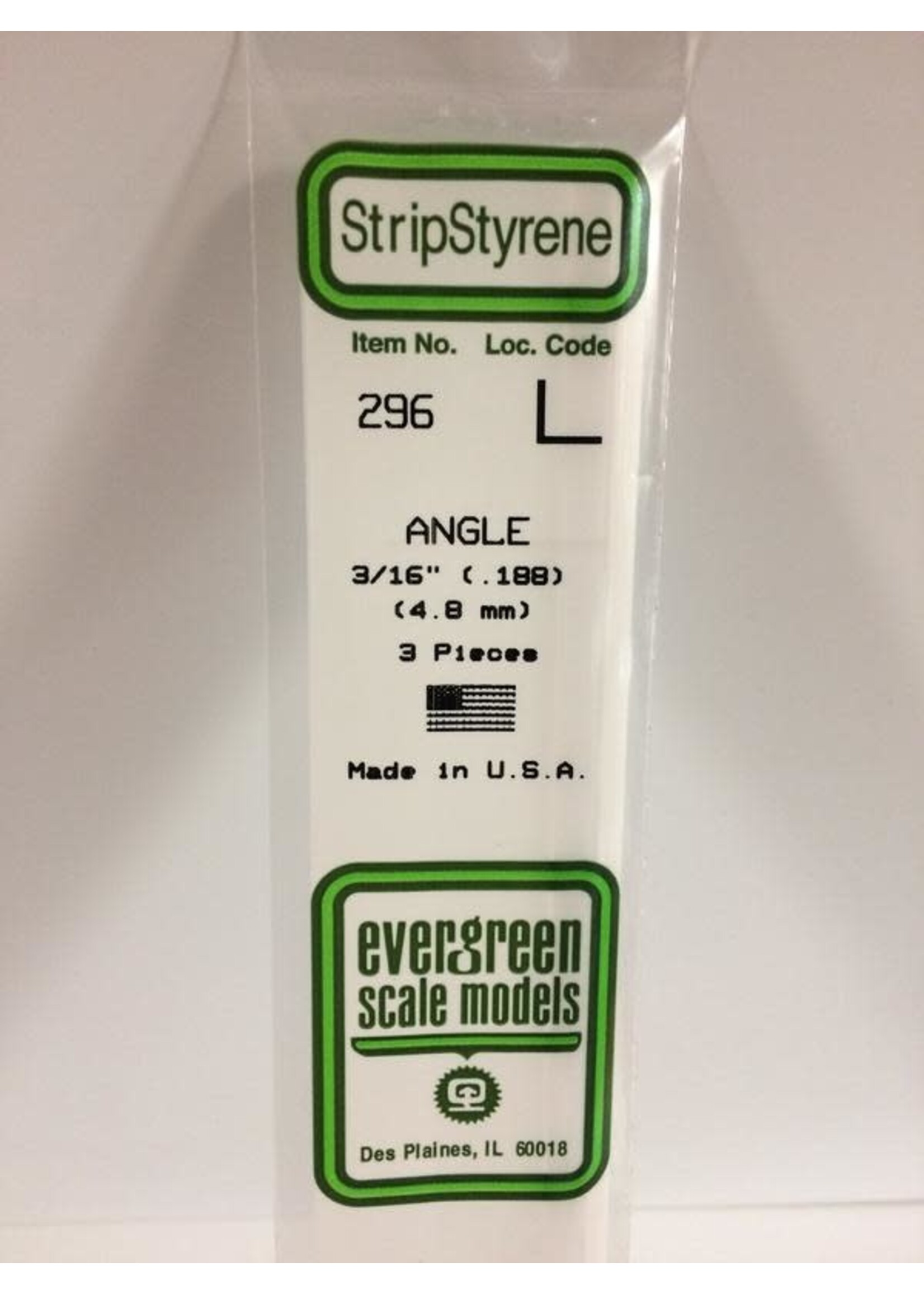 Evergreen Scale Models EVE296 Styrene 3/16'' Angle (3pc)