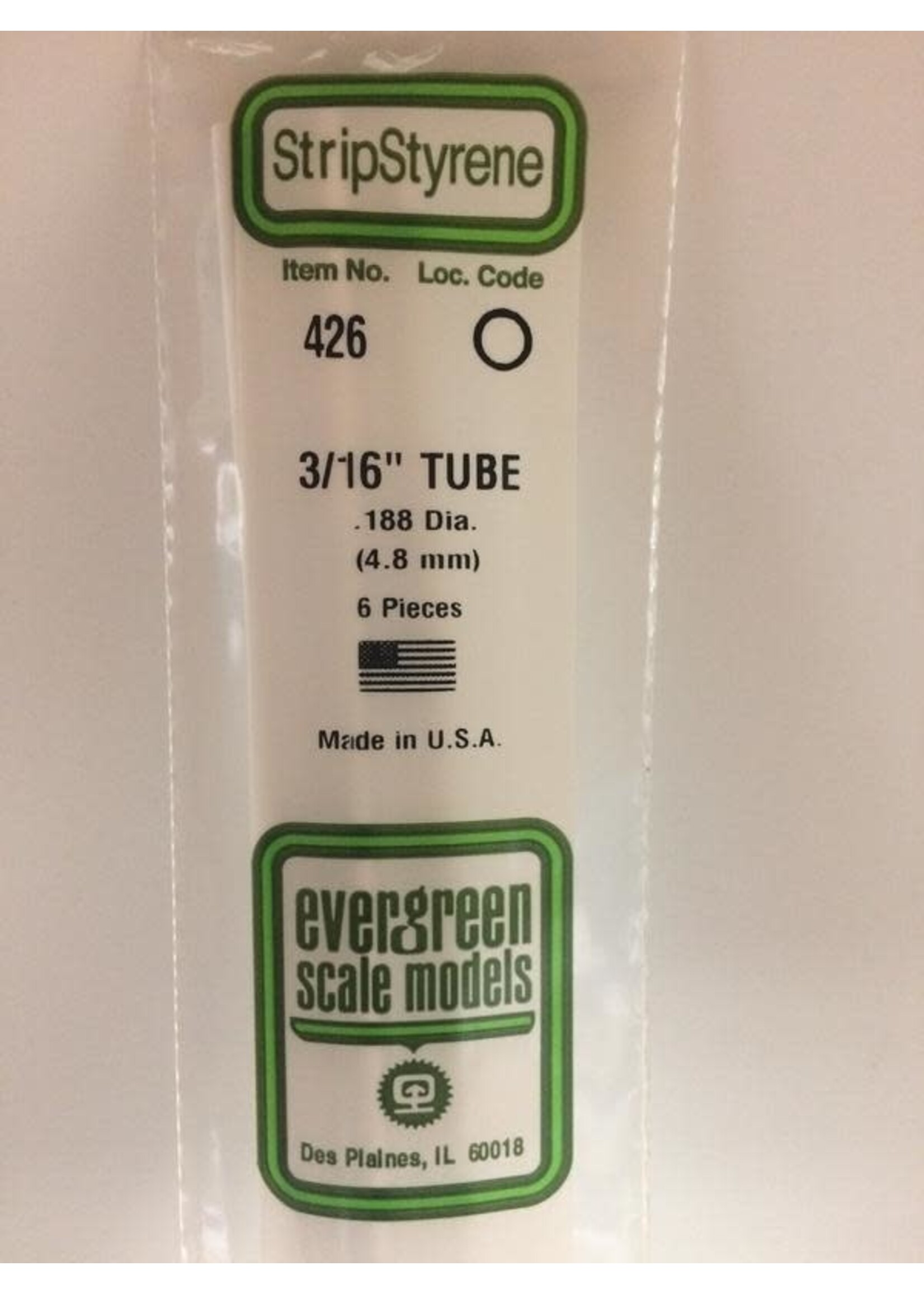 Evergreen Scale Models EVE426 Styrene 3/16 inch Tube (6pc)