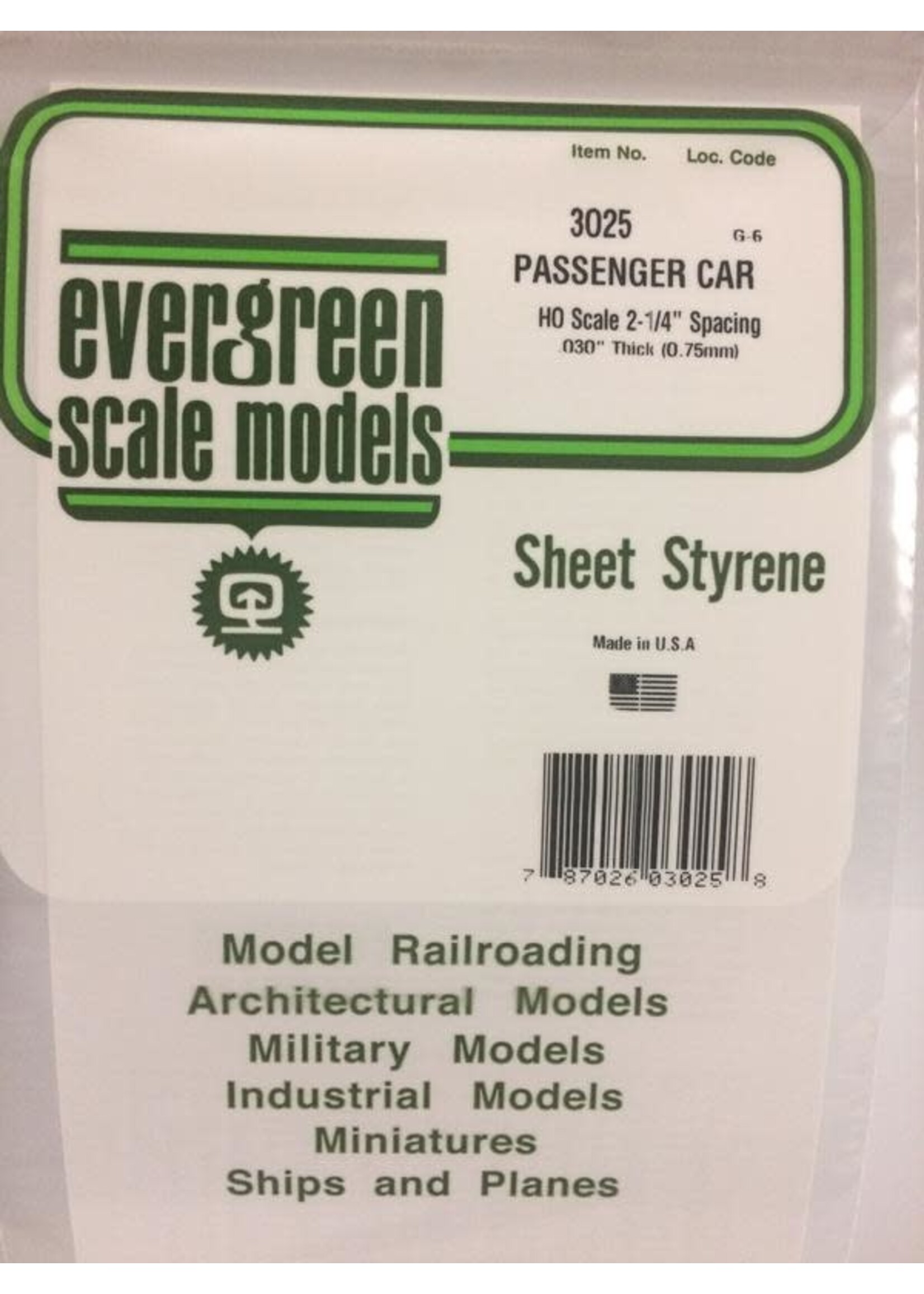 Evergreen Scale Models EVE3025 Styrene HO-Scale Passenger Car Sheet