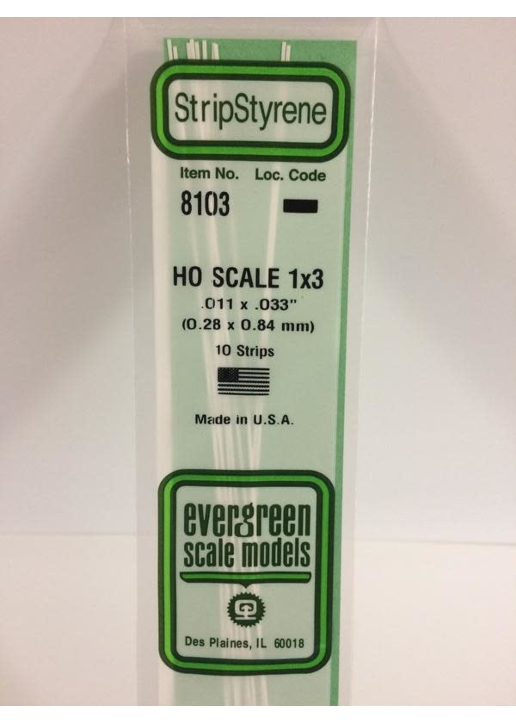 Evergreen Scale Models EVE8103 Styrene HO-Scale 1x3 Strip (10pc)