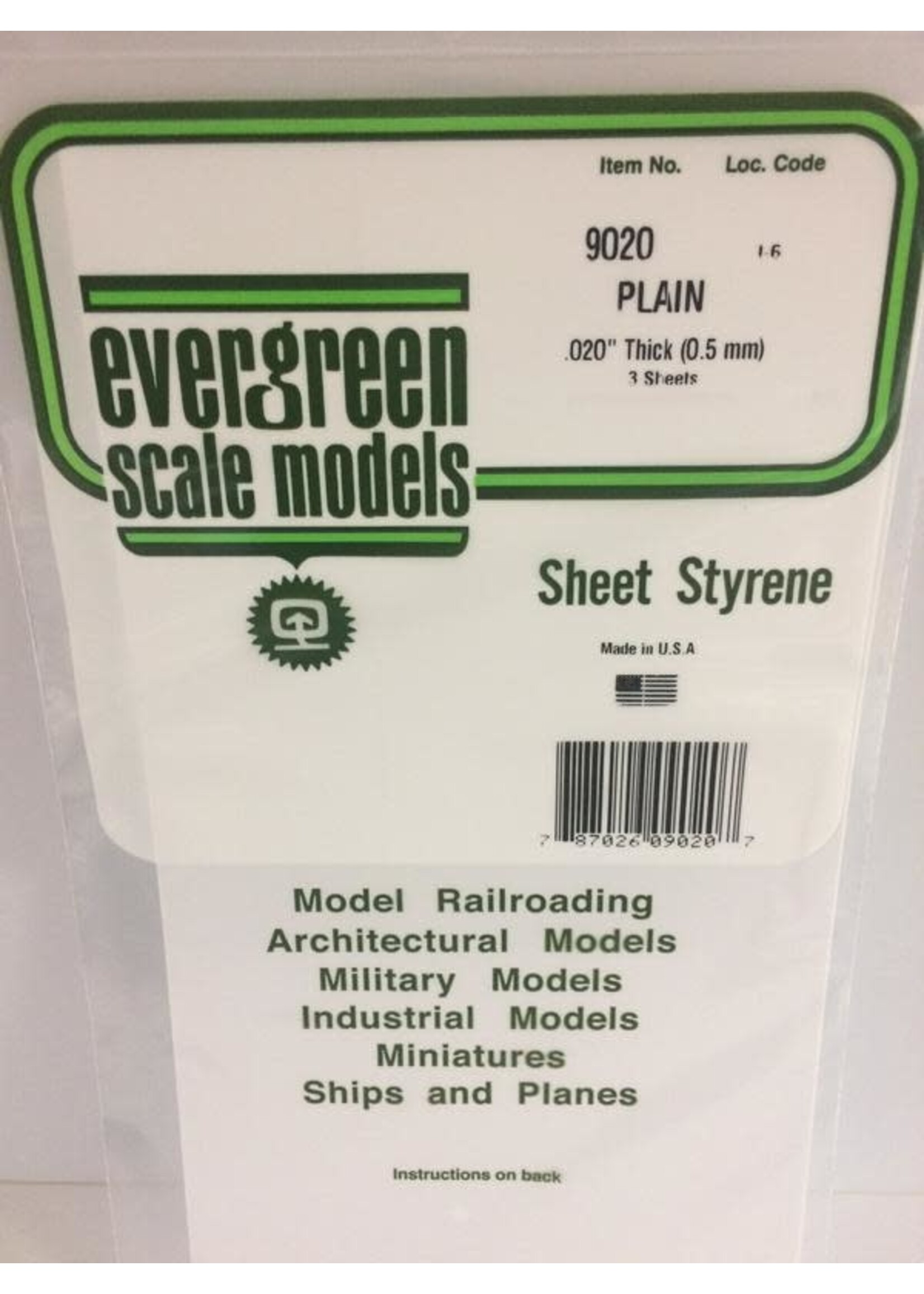 Evergreen Scale Models EVE9020 Styrene .020 in Plain Sheet (3pc)