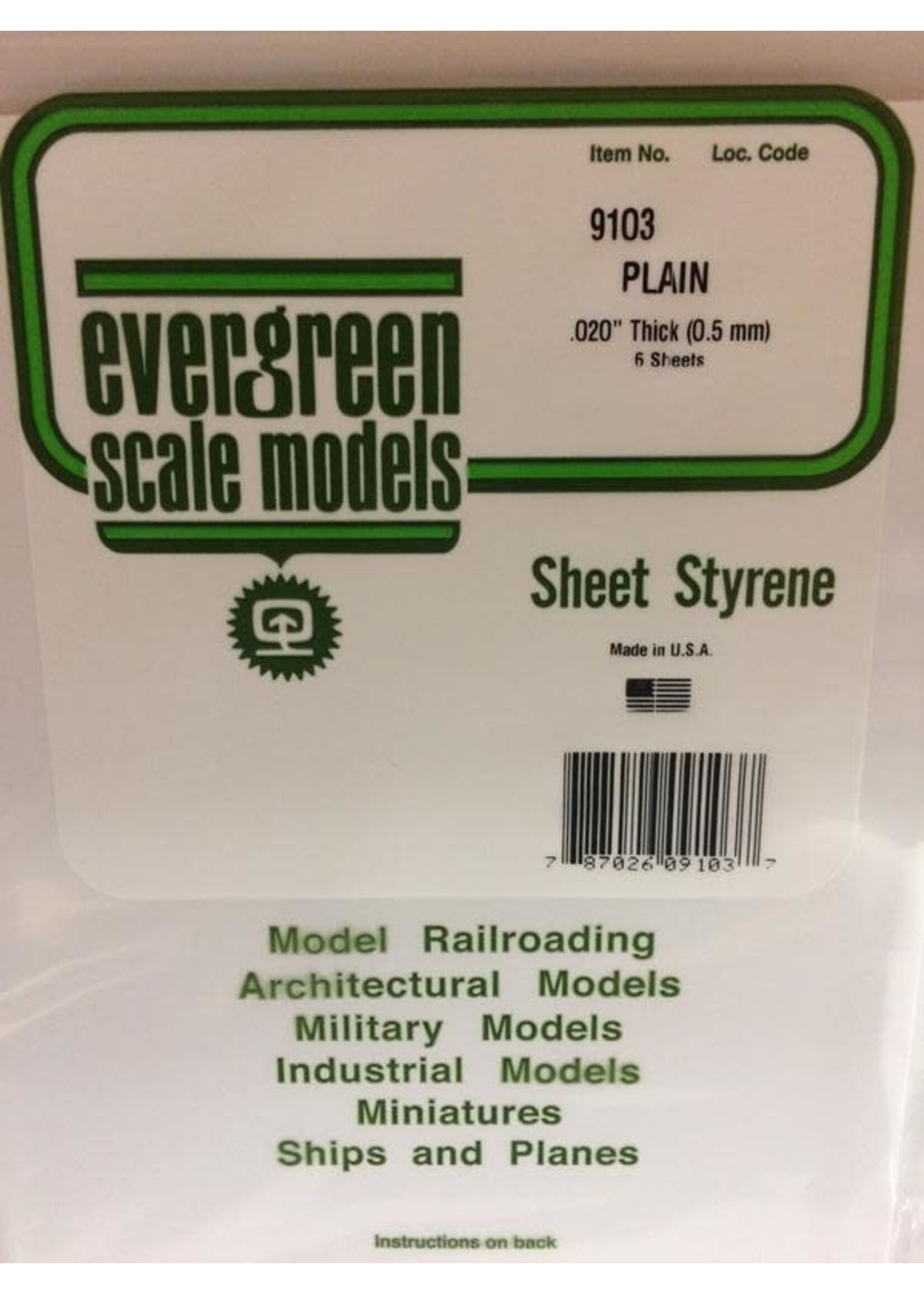 Evergreen Scale Models EVE9103 Styrene .020 Plain Sheet (6pc)