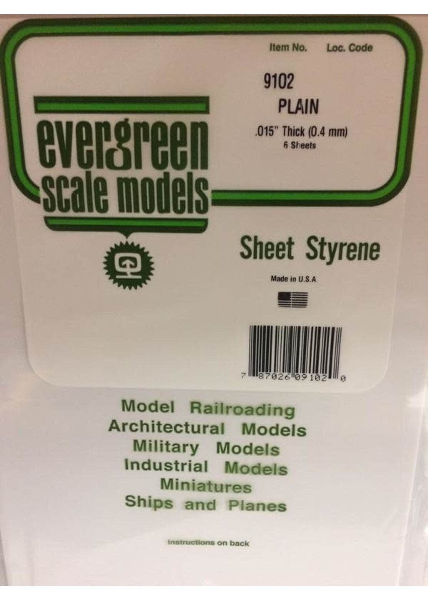 Evergreen Scale Models EVE9102 Styrene .015 in Plain Sheet (6pc)