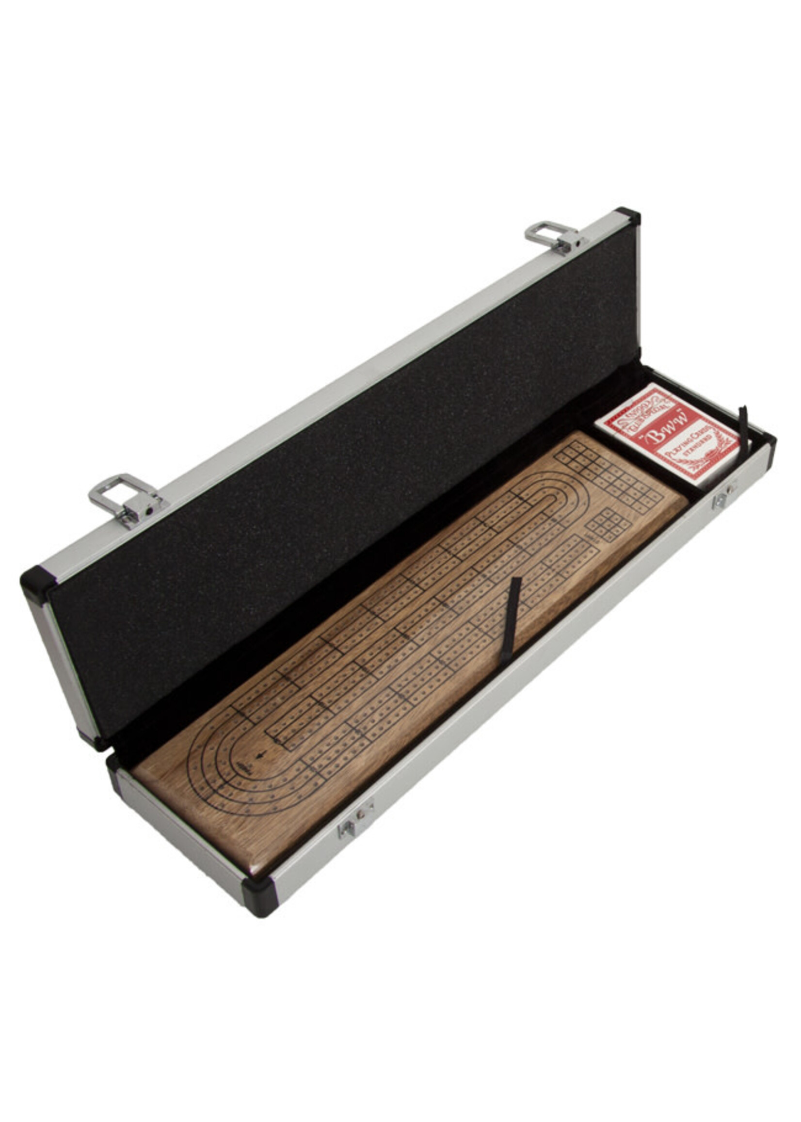 Cribbage 3 Color Walnut Board with Aluminum Case and Playing Cards