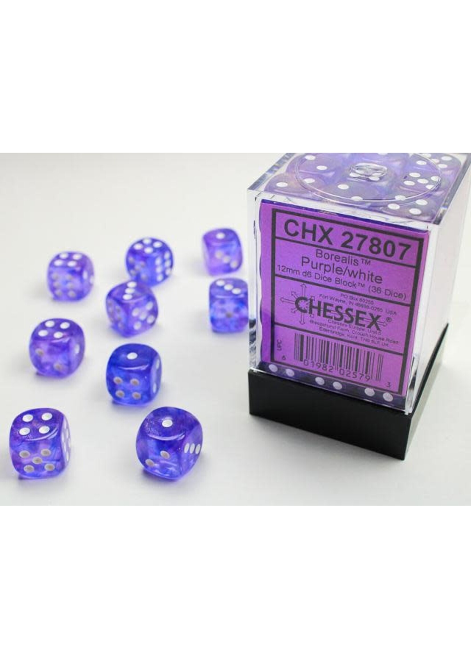 Chessex ***Dice 12mm 27807 36pc Borealis Purple/White