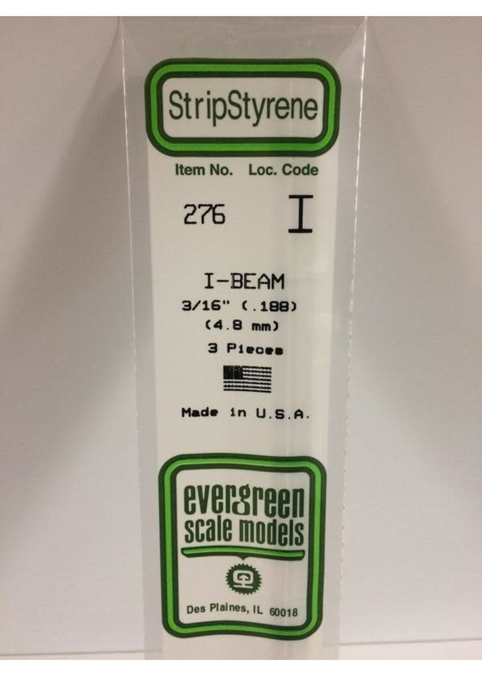 Evergreen Scale Models EVE276 Styrene 3/16'' I-Beam (3pc)
