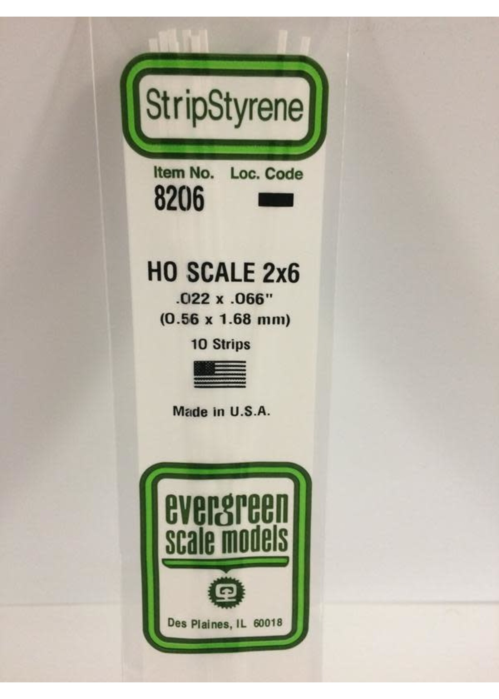 Evergreen Scale Models EVE8206 Styrene HO-Scale 2x6 Strip (10pc)