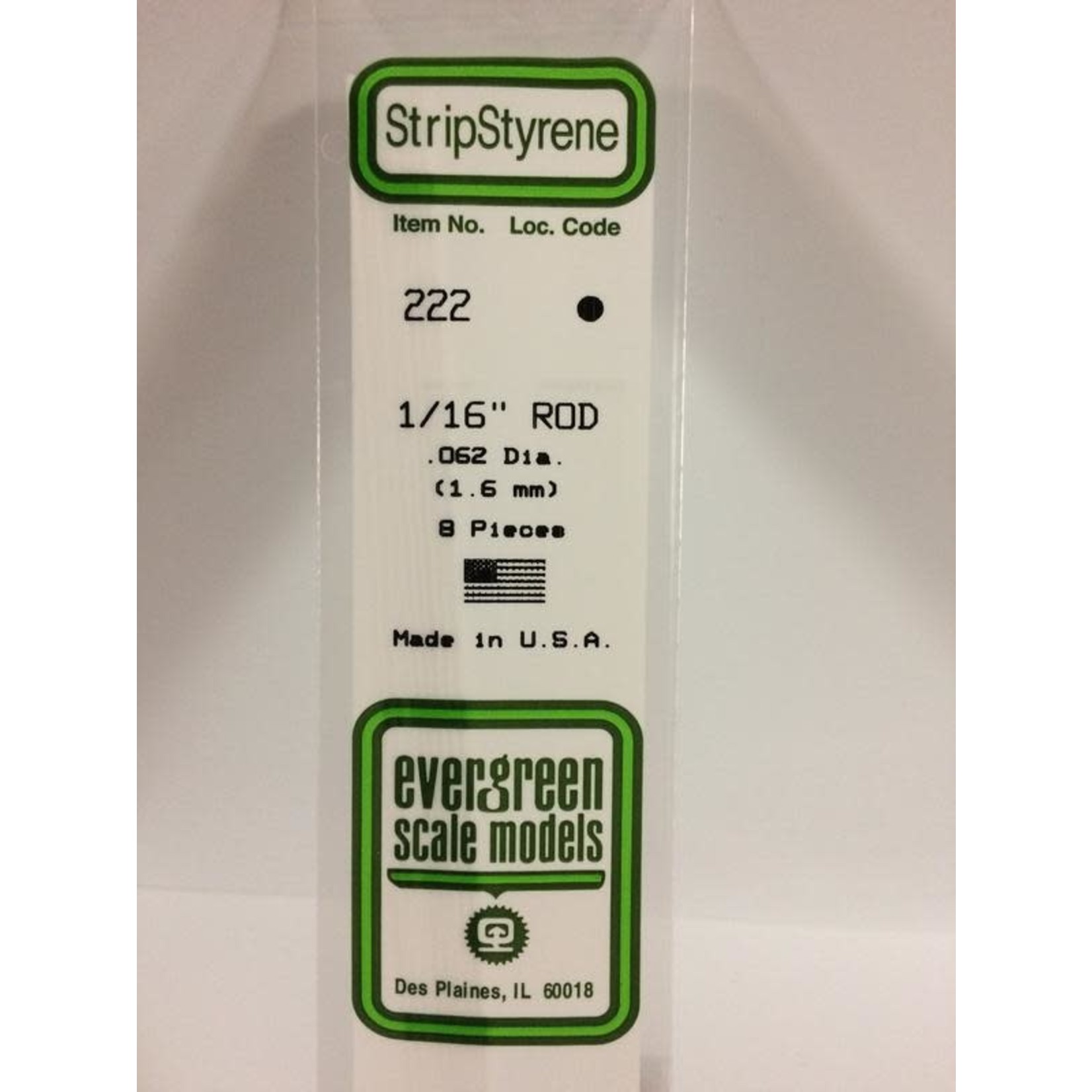 Evergreen Scale Models EVE222 Styrene 1/16 in Rod (8pc)