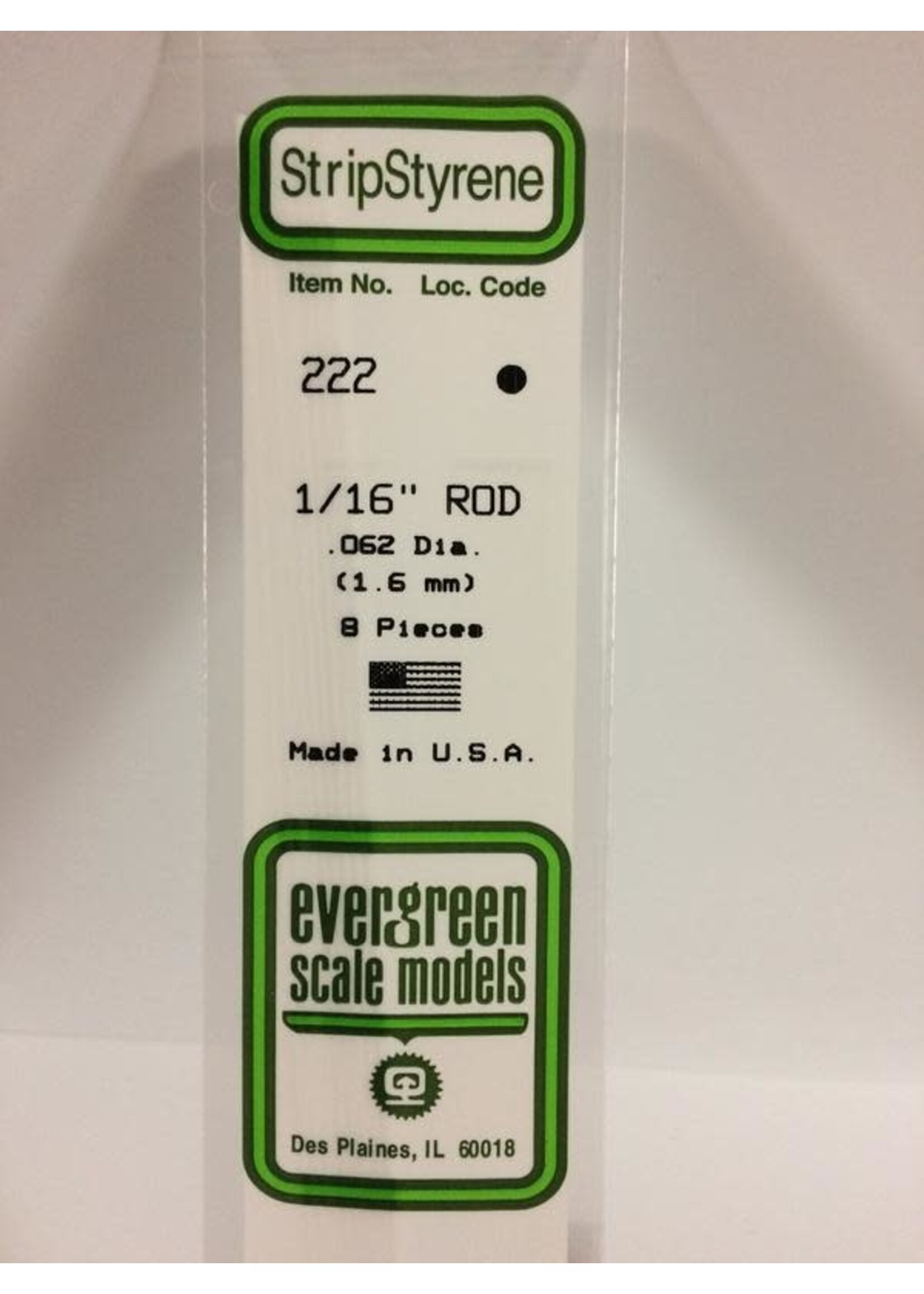 Evergreen Scale Models EVE222 Styrene 1/16 in Rod (8pc)