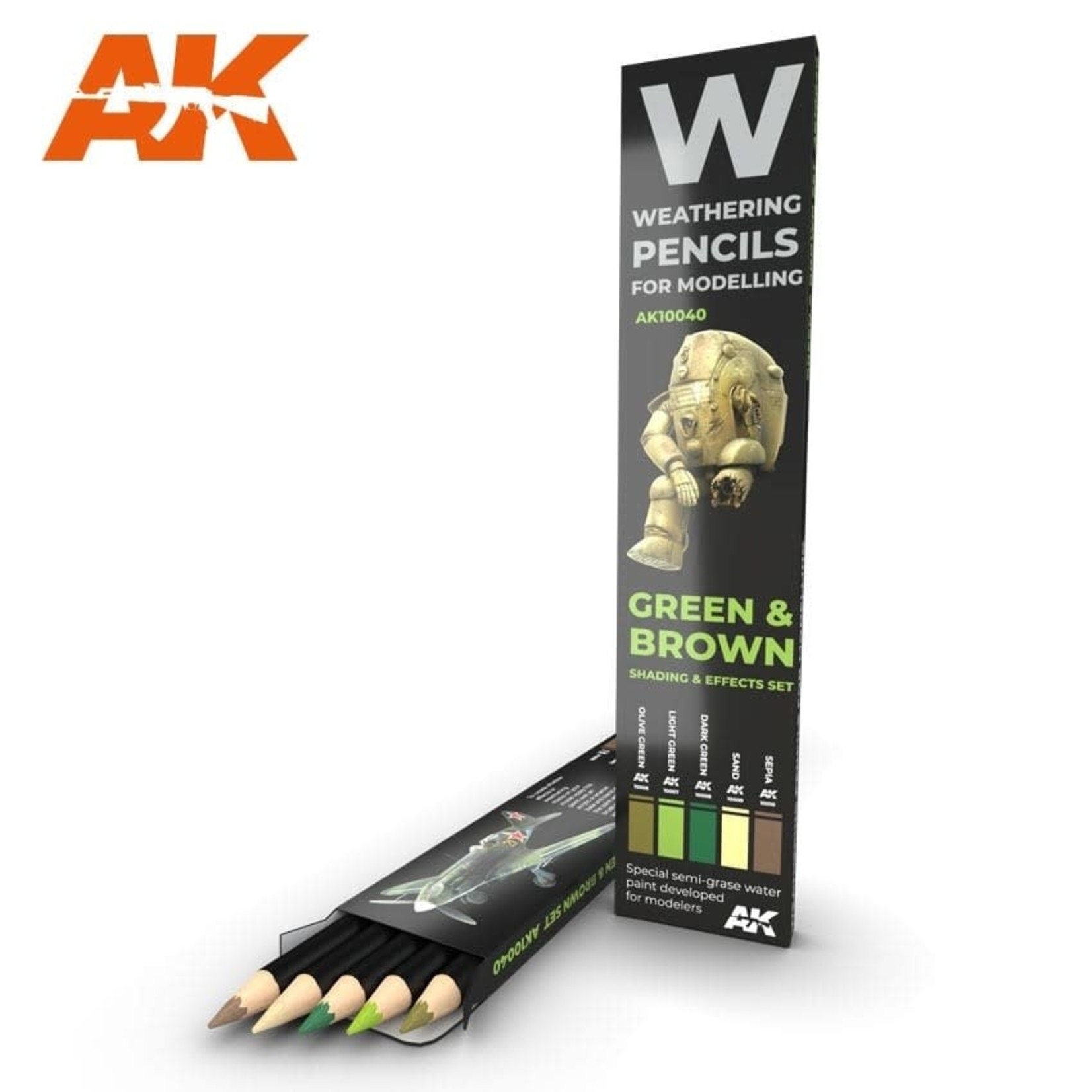 AK Interactive AK-10040 Watercolor Pencil Green & Brown  (5 Pack)