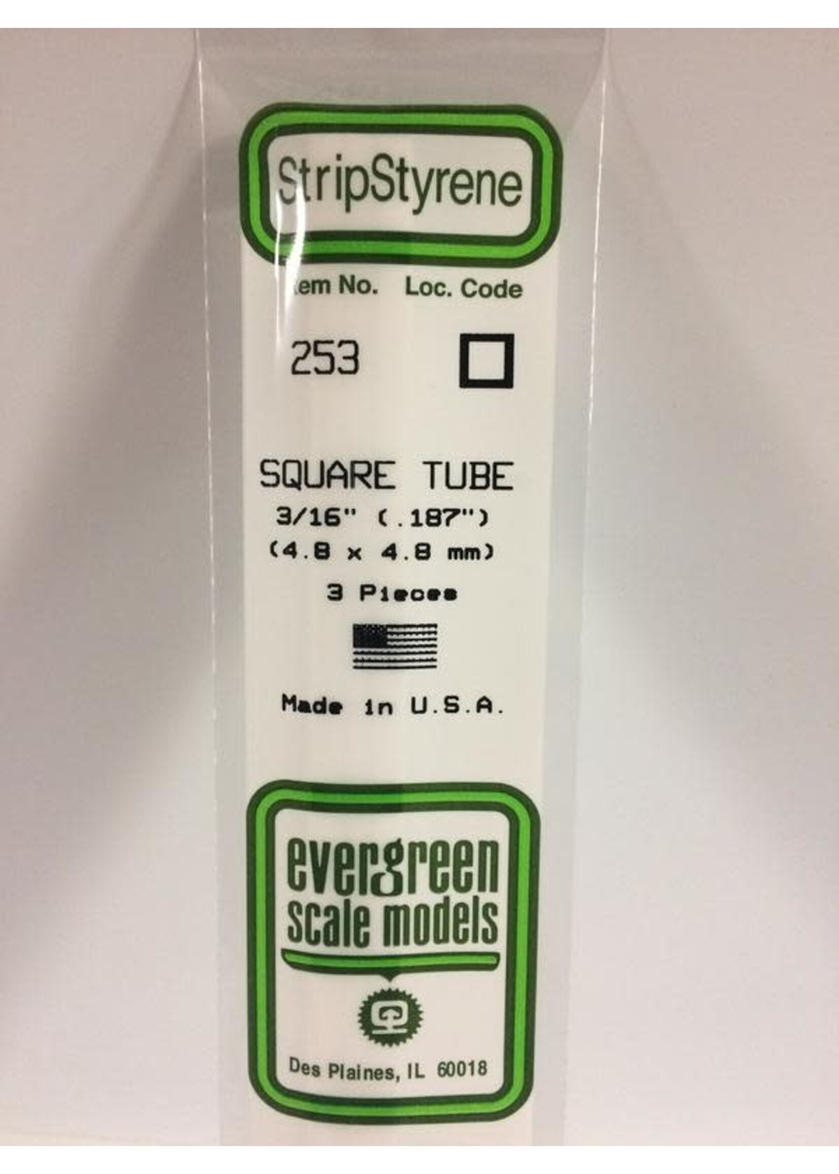 Evergreen Scale Models EVE253 Styrene 3/16 inch Square Tube (3pc)