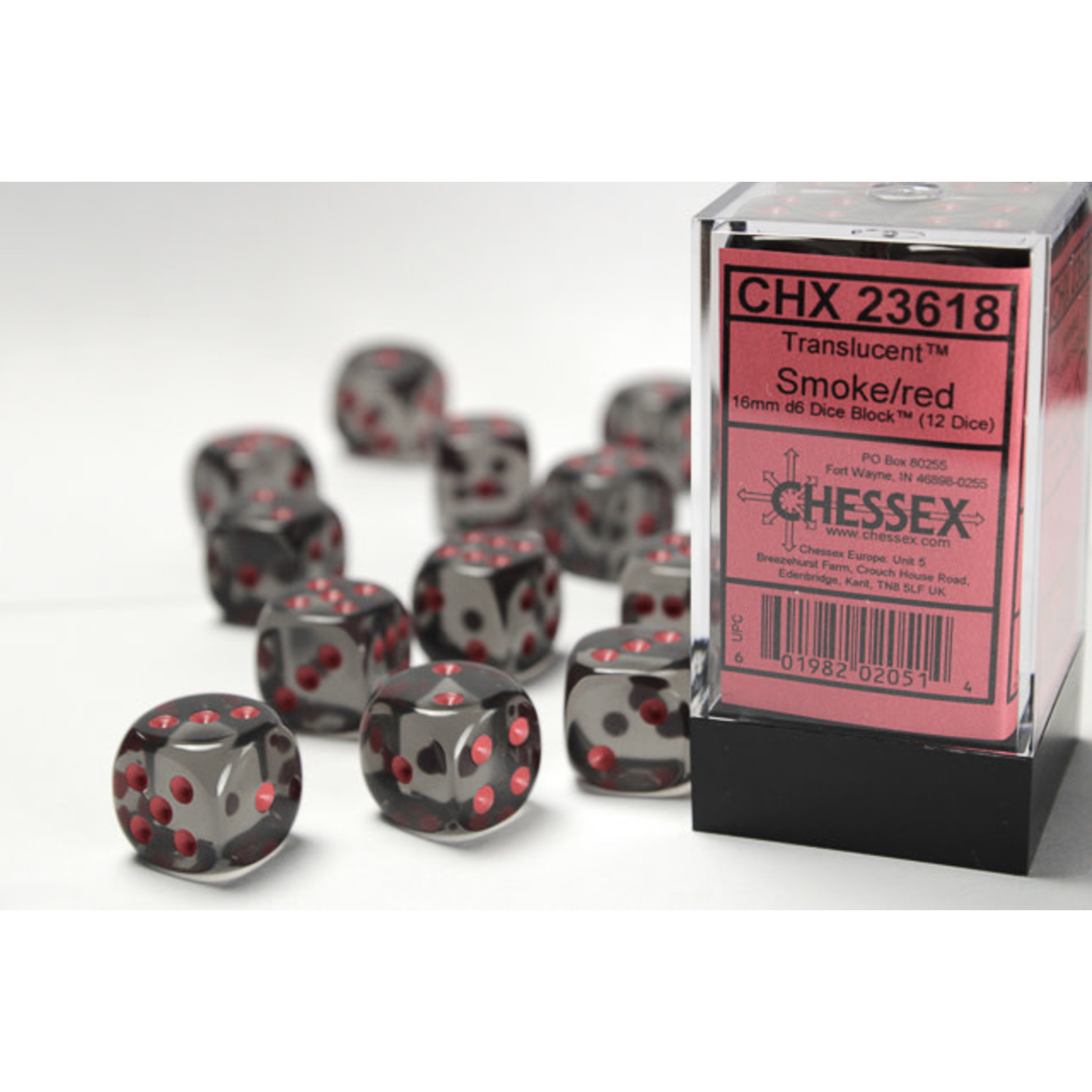 Chessex 16mm Dice 23618 12pc Translucent Smoke/Red