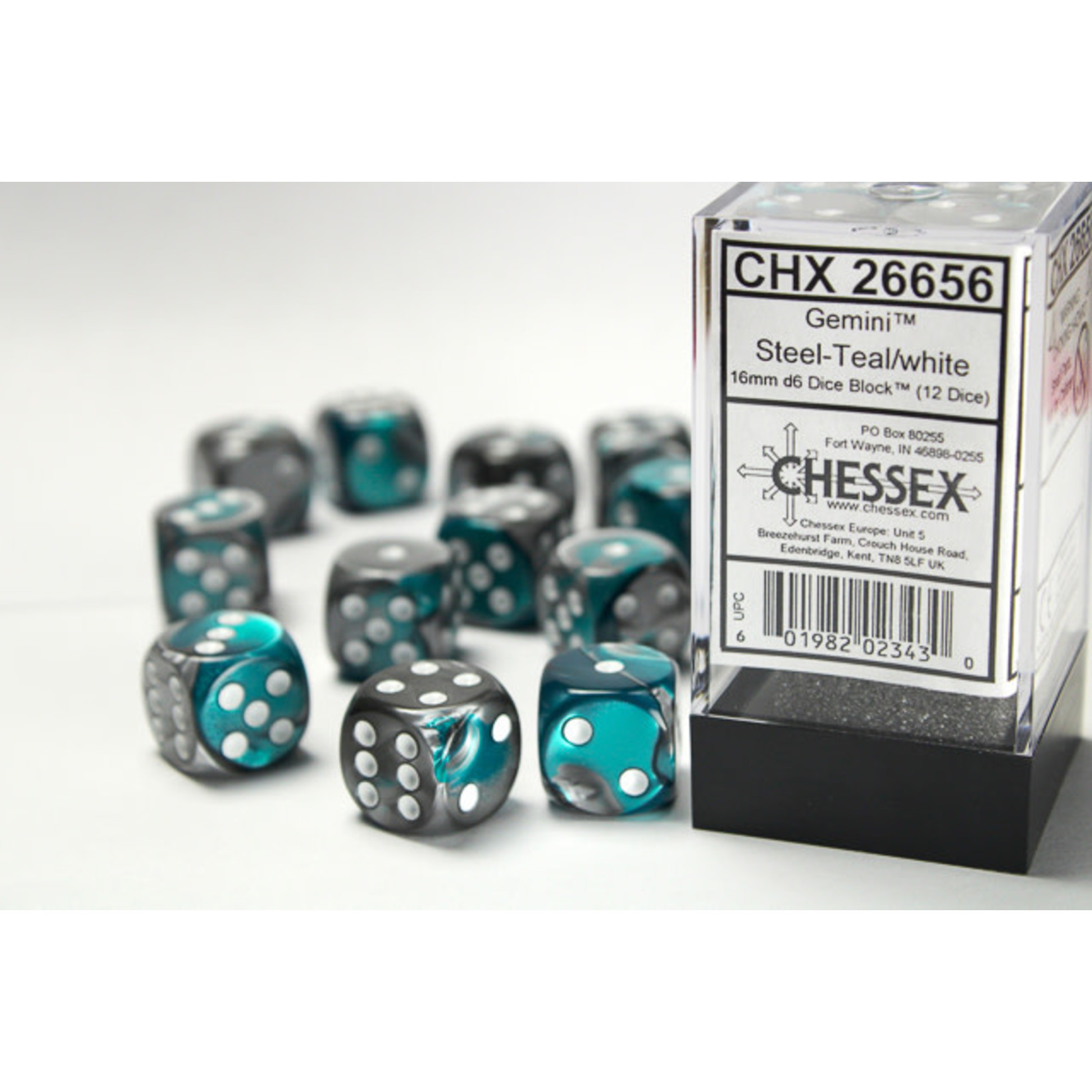 Chessex Dice 16mm 26656 12pc Gemini Steel-Teal/White