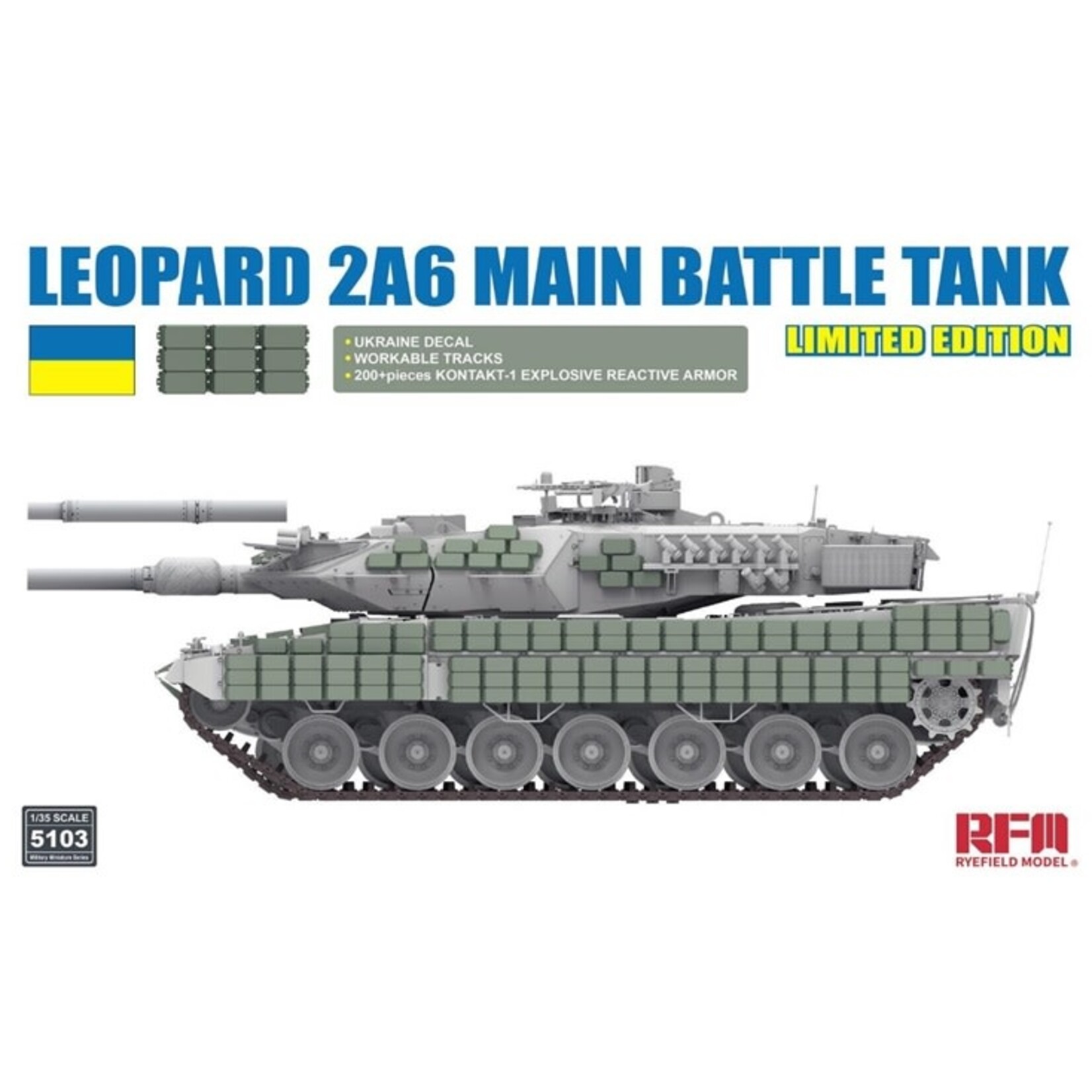 Rye Field Model RFMRM5103 Leopard 2A6 with Ukraine Decals & Kontakt-1 Armour (1/35)