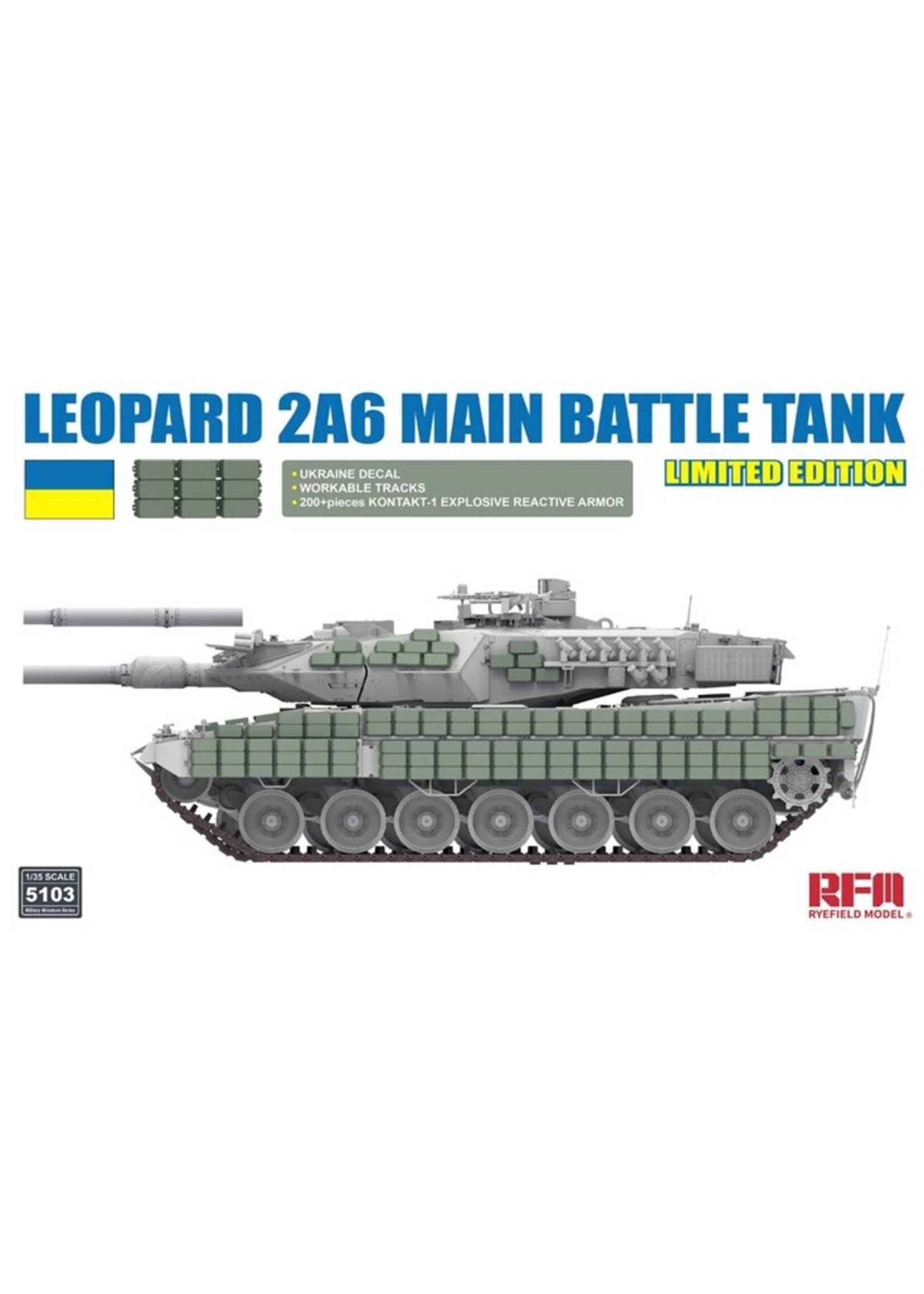 Rye Field Model RFMRM5103 Leopard 2A6 with Ukraine Decals & Kontakt-1 Armour (1/35)