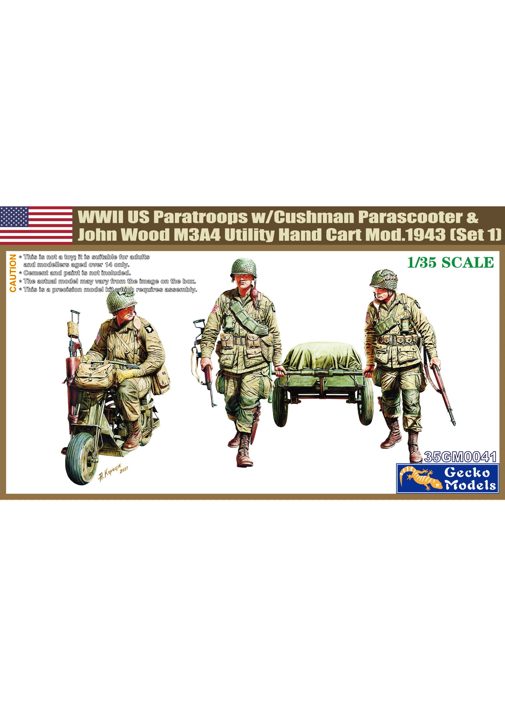 Gecko GEK35GM0041 M53 Scooter Cushman w-John Wood M3A4 Utility Hand Cart Mod. 1943 & US Paratroops (1/35)