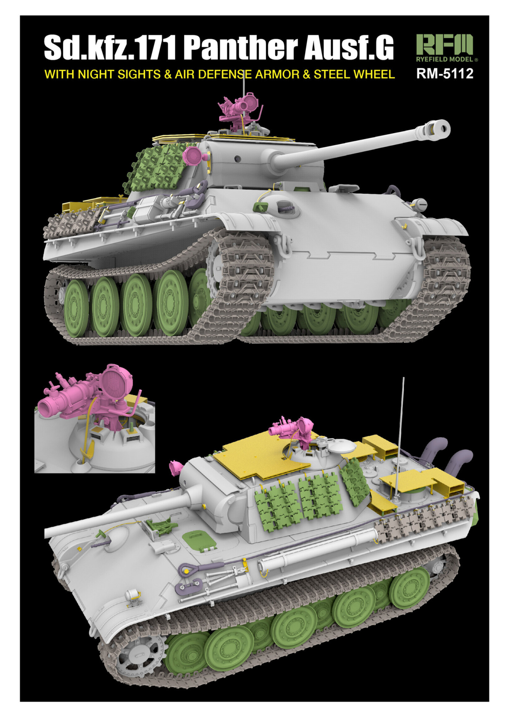 Rye Field Model RFMRM5112 Panther Ausf.G with Night Sights & Air Defense Armour & Steel Wheels (1/35)