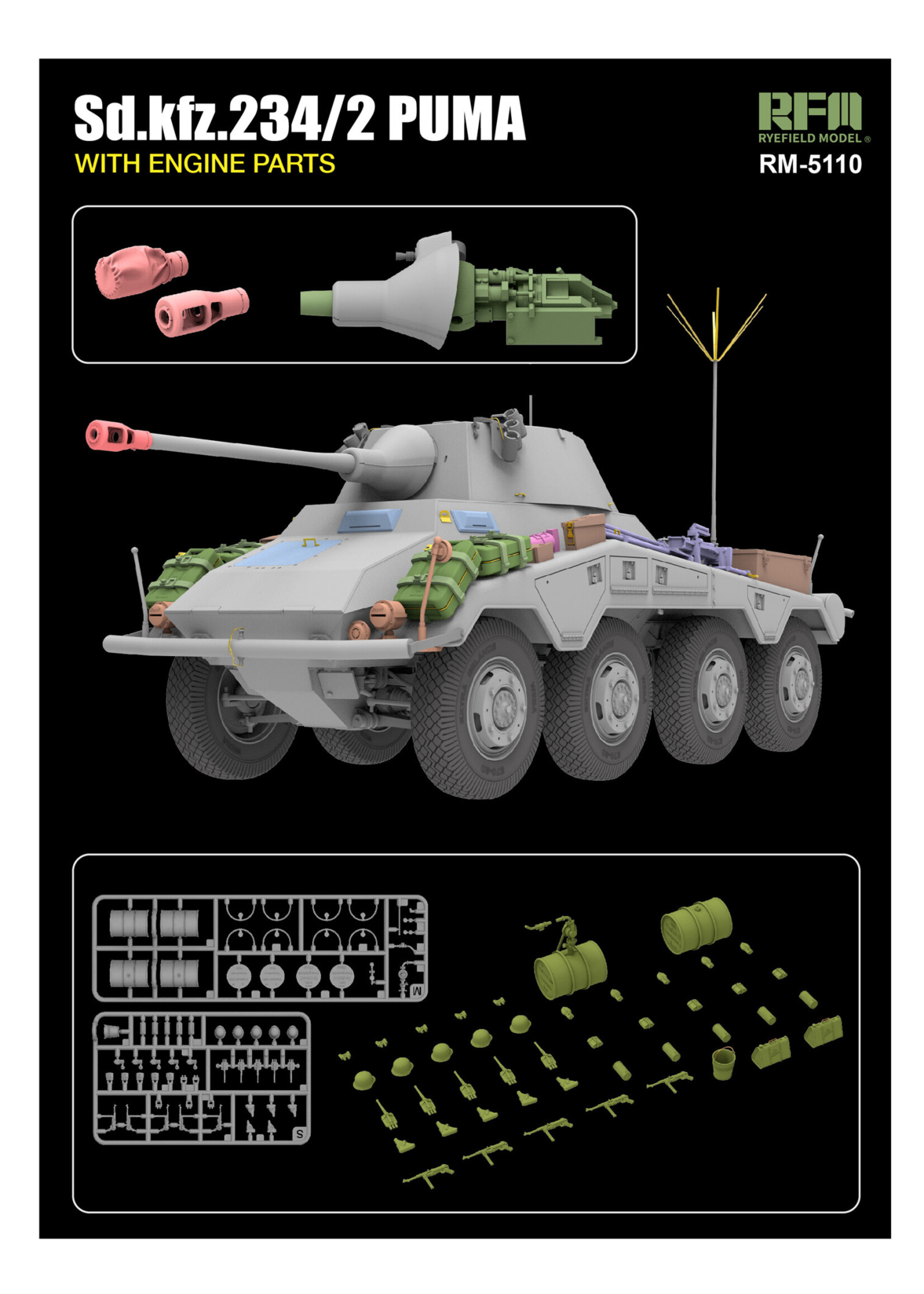 Rye Field Model RFMRM5110 Sd.Kfz.234/2 Puma with Engine Parts (1/35)