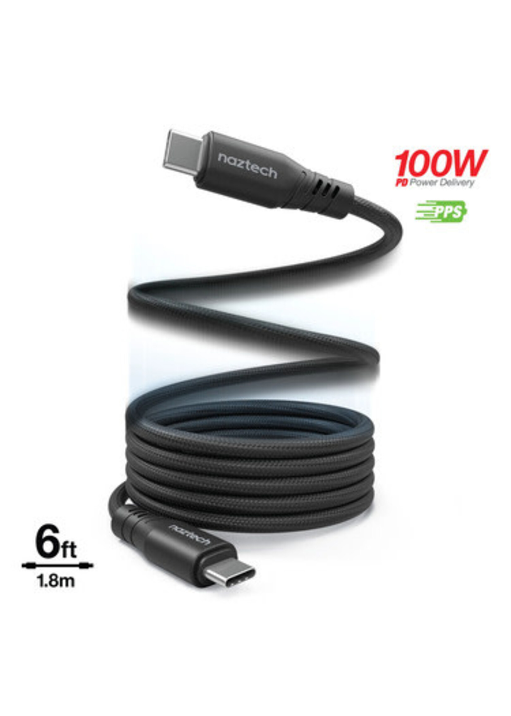 Naztech Naztech Charge & Sync PD 100W USB-C to USB-C Braided Nylon Cable 6ft Fast Charge – Black