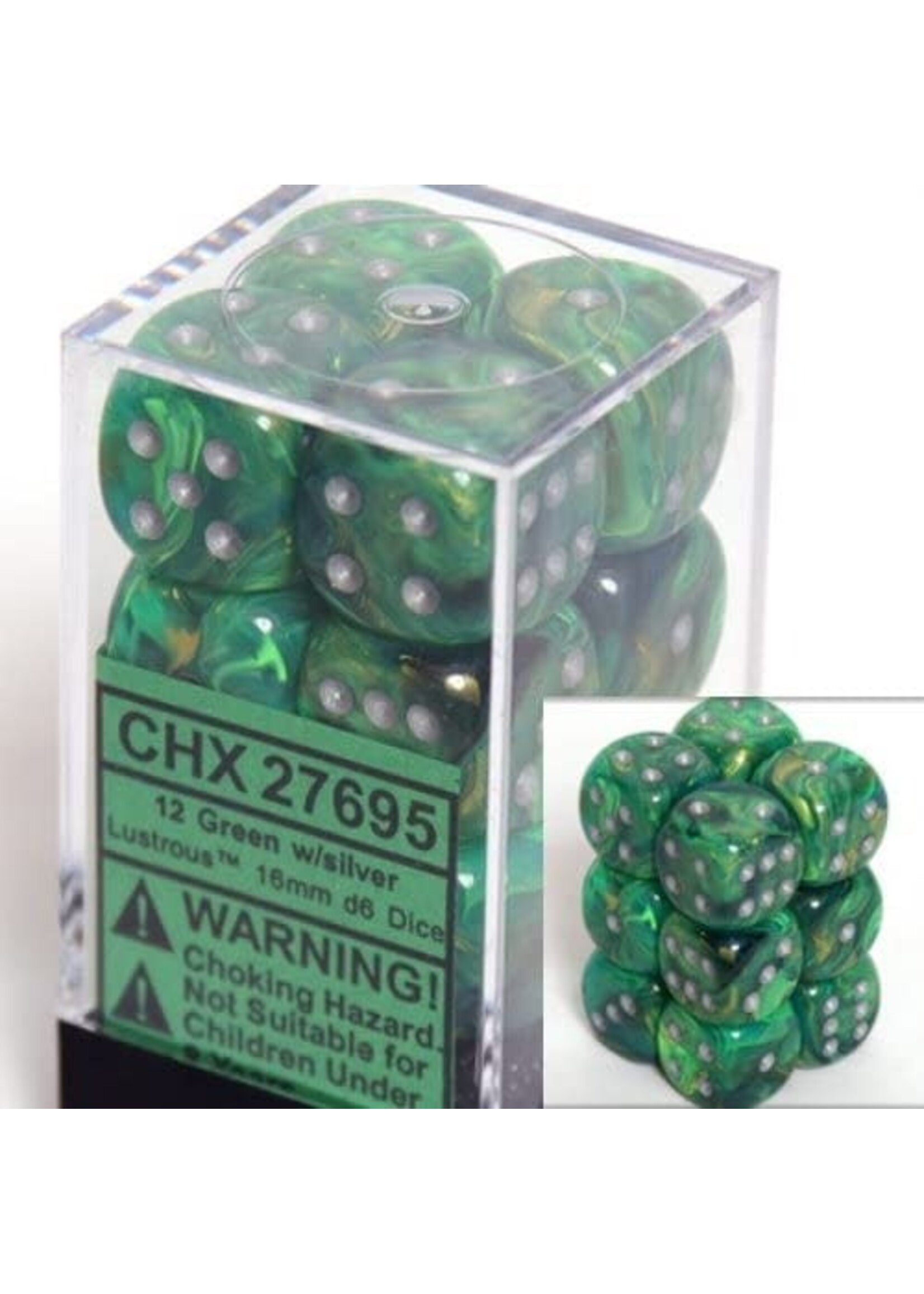 Chessex ***Dice 16mm 27695 12pc Lustrous Green/Silver