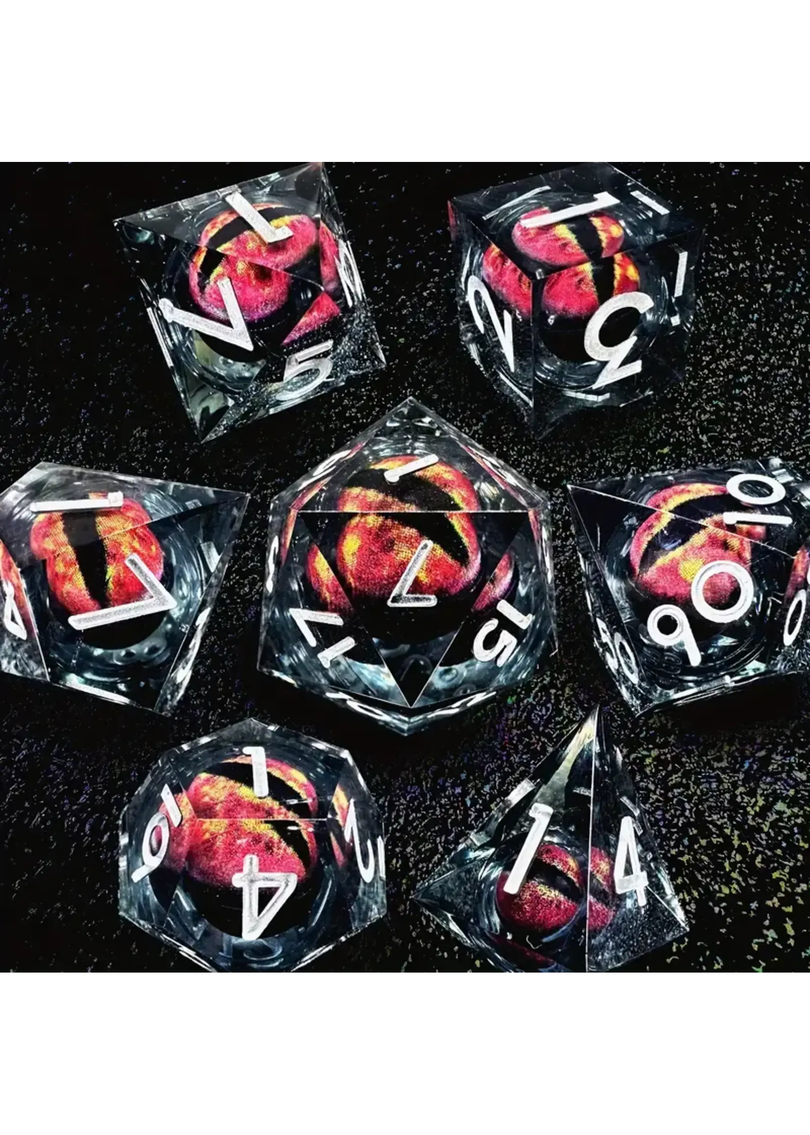 Dice RPG 7pc Resin Liquid Core Inclusion Dragon Eye Red