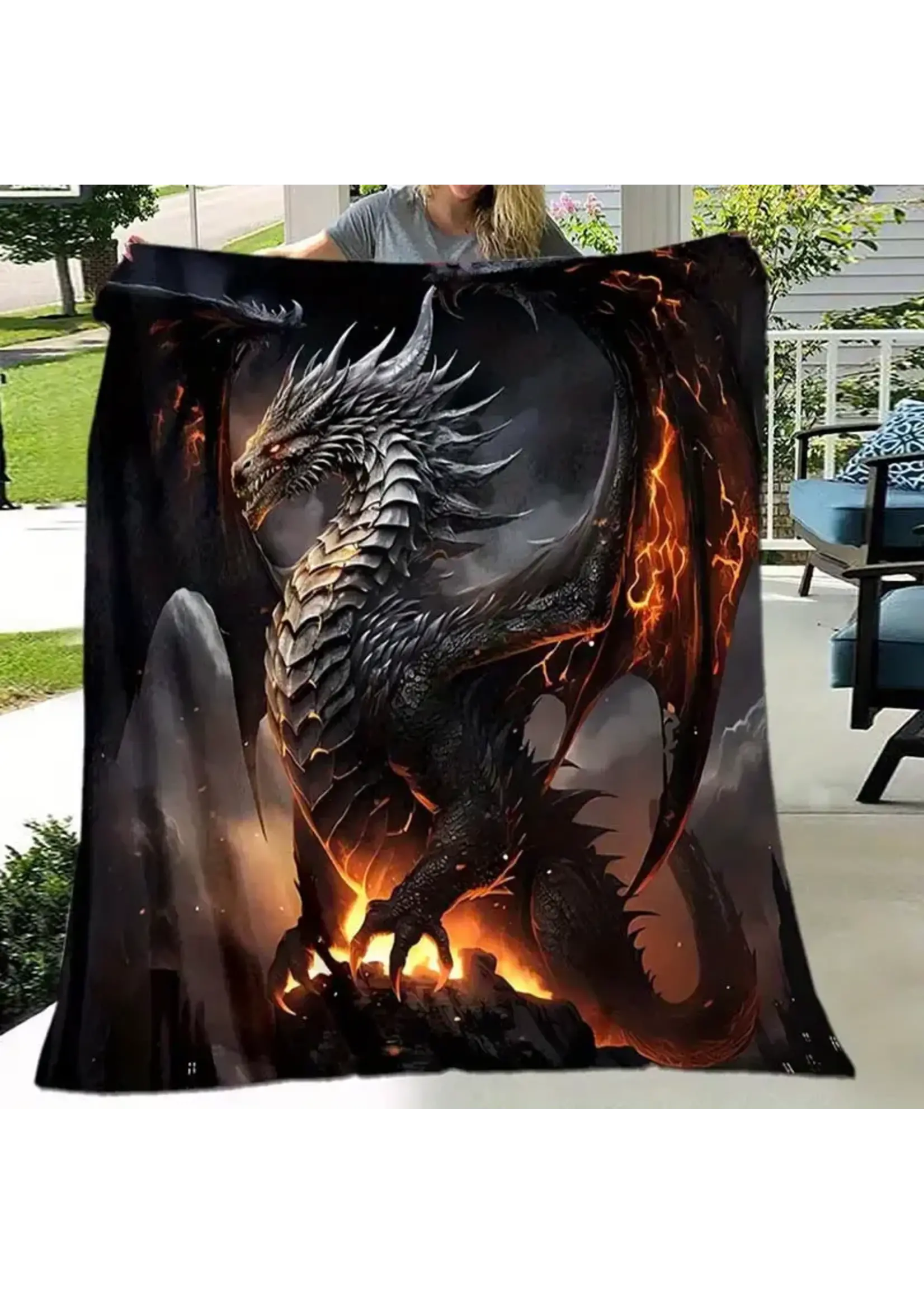 Flannel Blanket 80x120cm Black Dragon Print