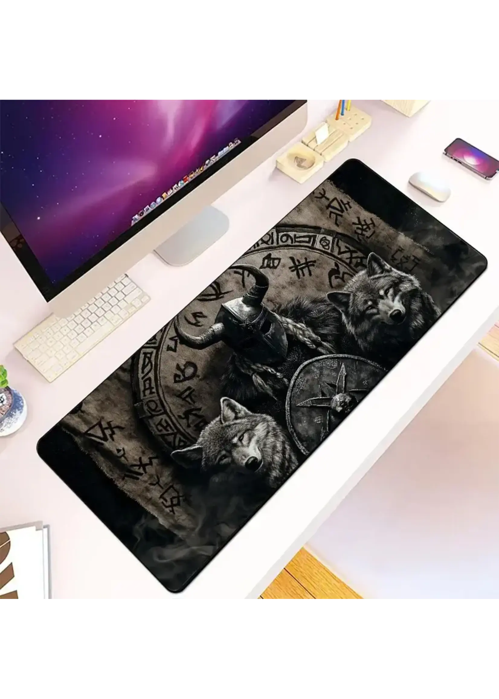 Mouse Pad 12x32 Inch Viking and Wolves