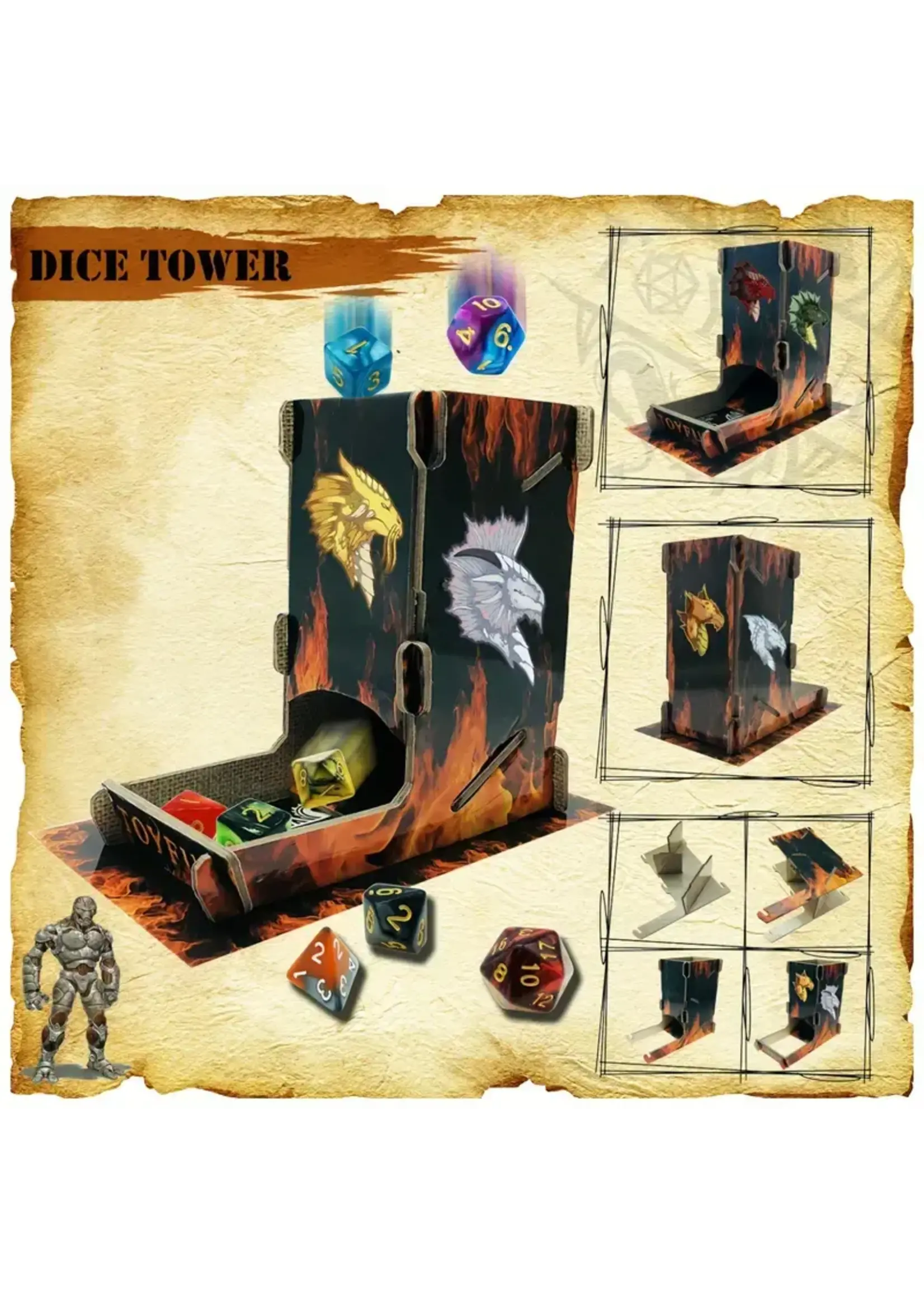 Dice Tower Cardboard with Dragon Head Stickers
