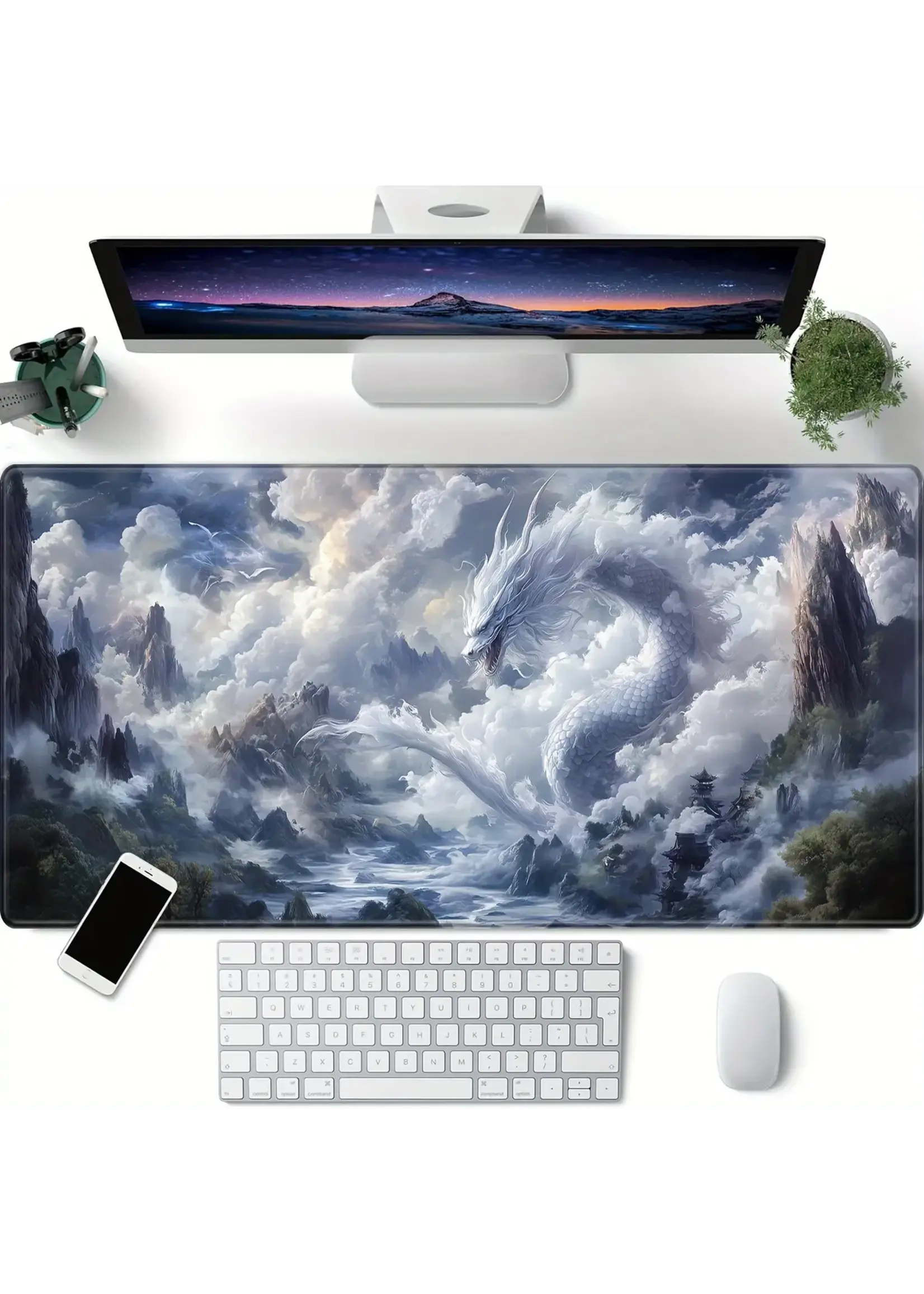 Mouse Pad 32x11 Inch White Dragon