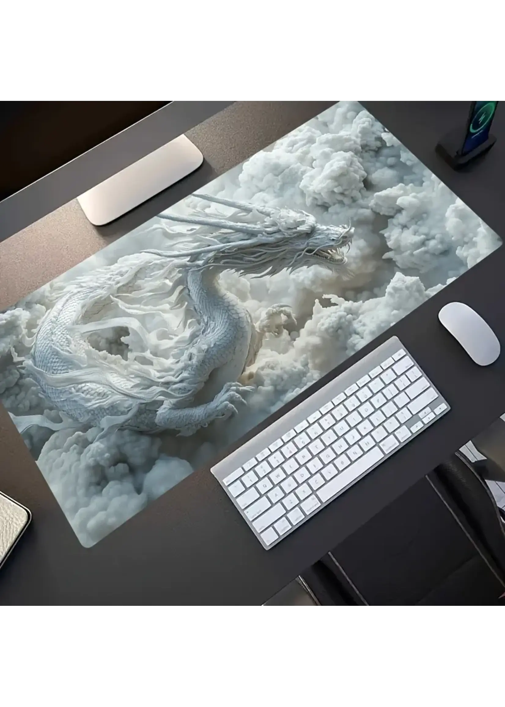 Mouse Pad 23.6x11.8 Inch White Dragon