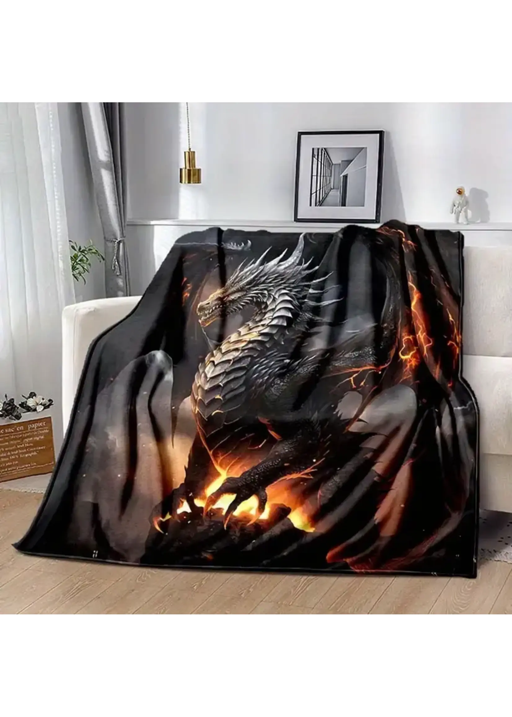 Flannel Blanket 100x130cm Black Dragon Print