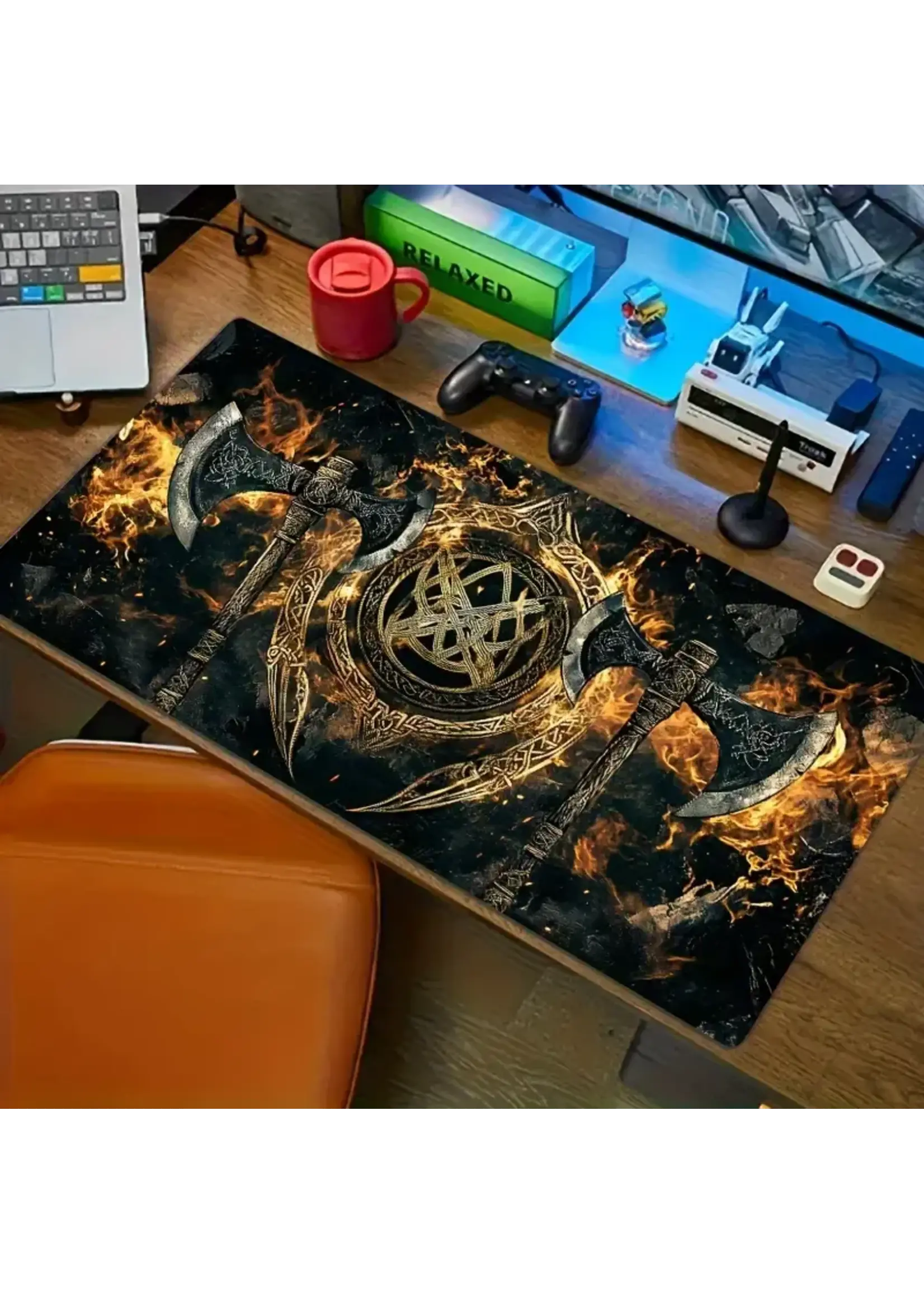 Mouse Pad 12x32 Inch Viking Rune & Flame Axes